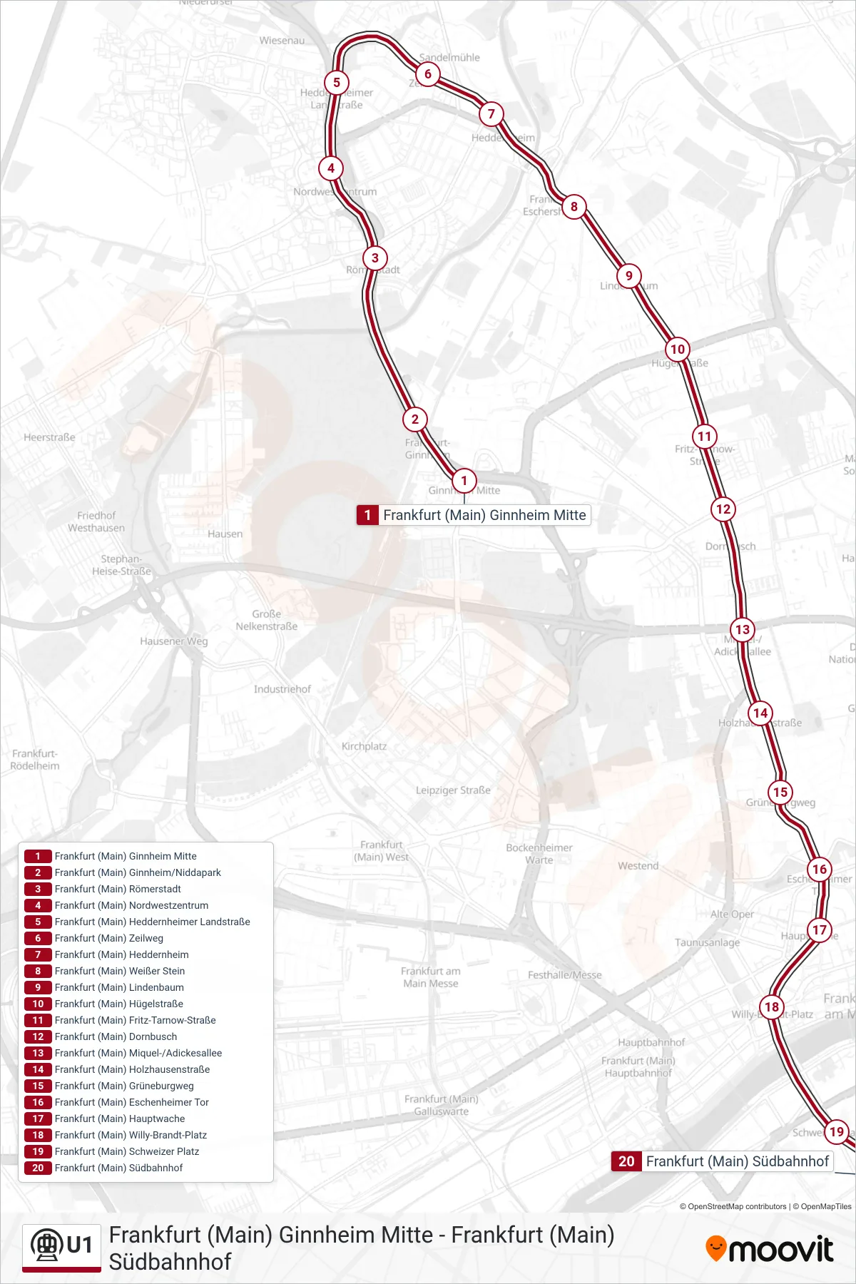 Linie U1 (U-Bahn) Richtung Frankfurt (Main) Südbahnhof: Route und Haltestellen auf der Karte