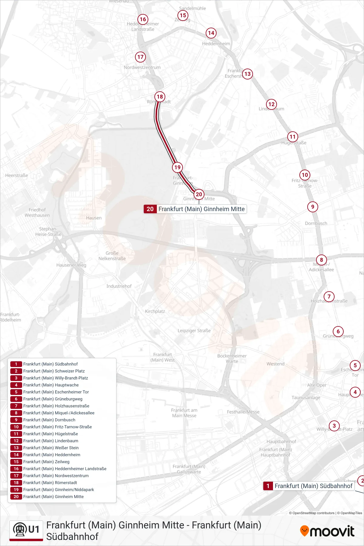 U1 subway Line (Frankfurt (Main) Ginnheim Mitte) route and stops on a map