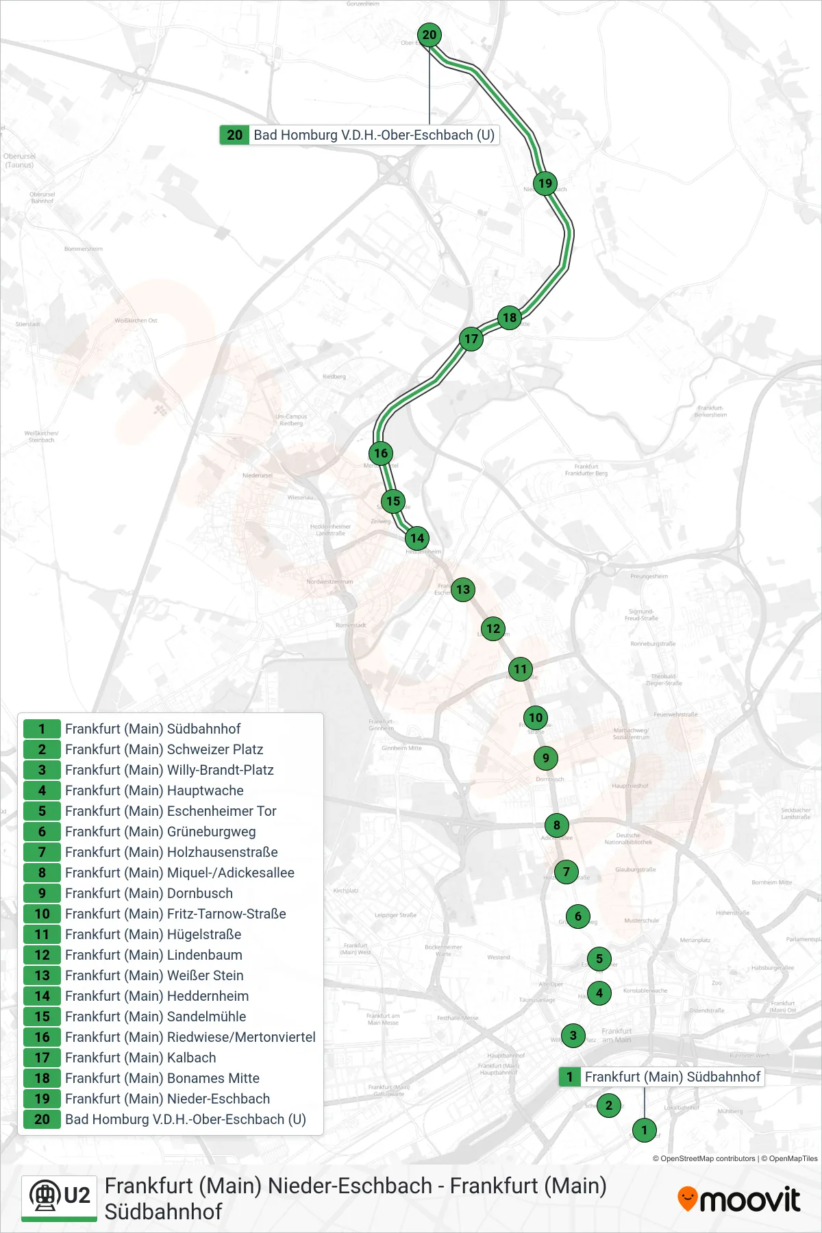 Linie U2 (U-Bahn) Richtung Bad Homburg V.D.H.-Ober-Eschbach (U): Route und Haltestellen auf der Karte