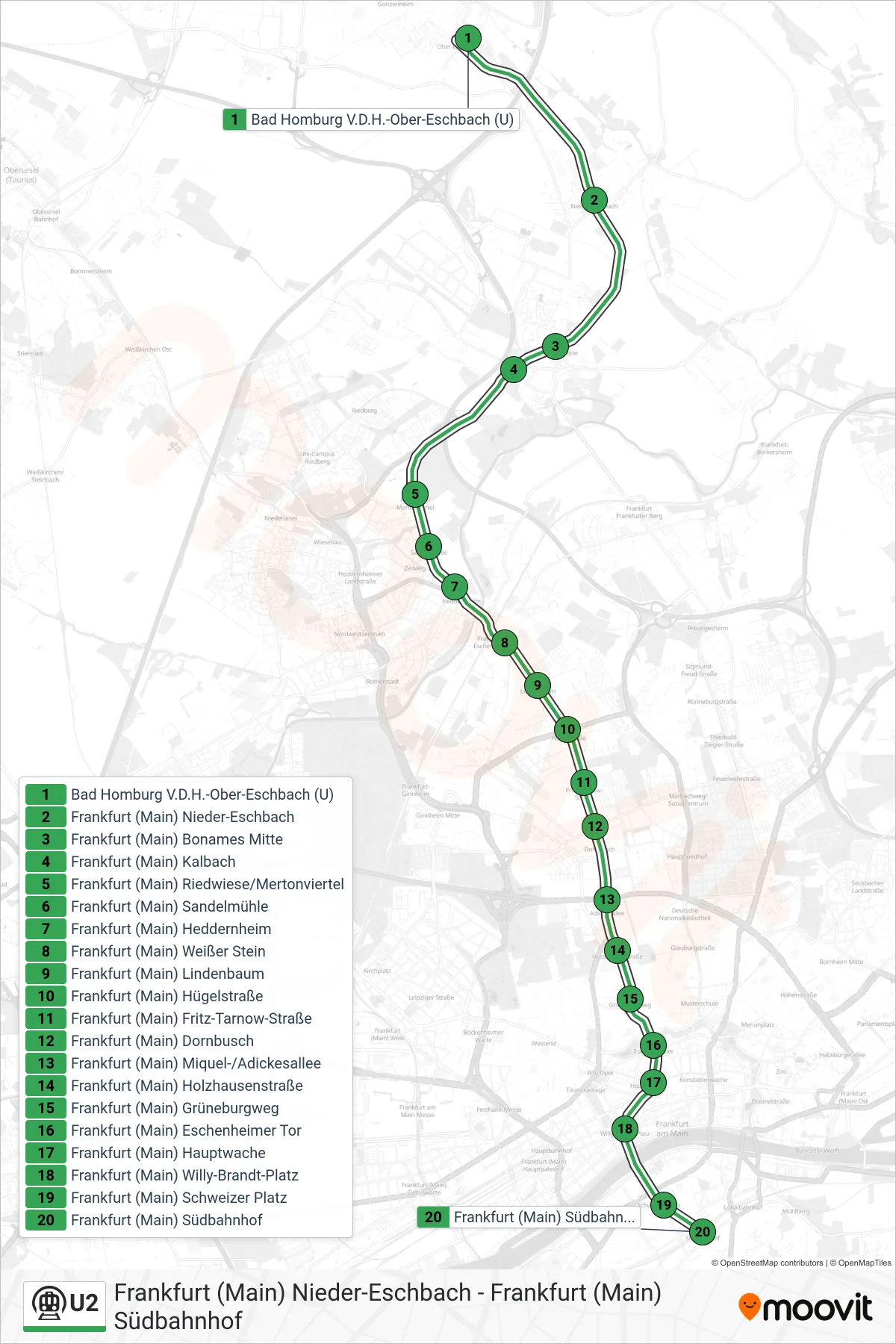 U2 subway Line (Frankfurt (Main) Südbahnhof) route and stops on a map