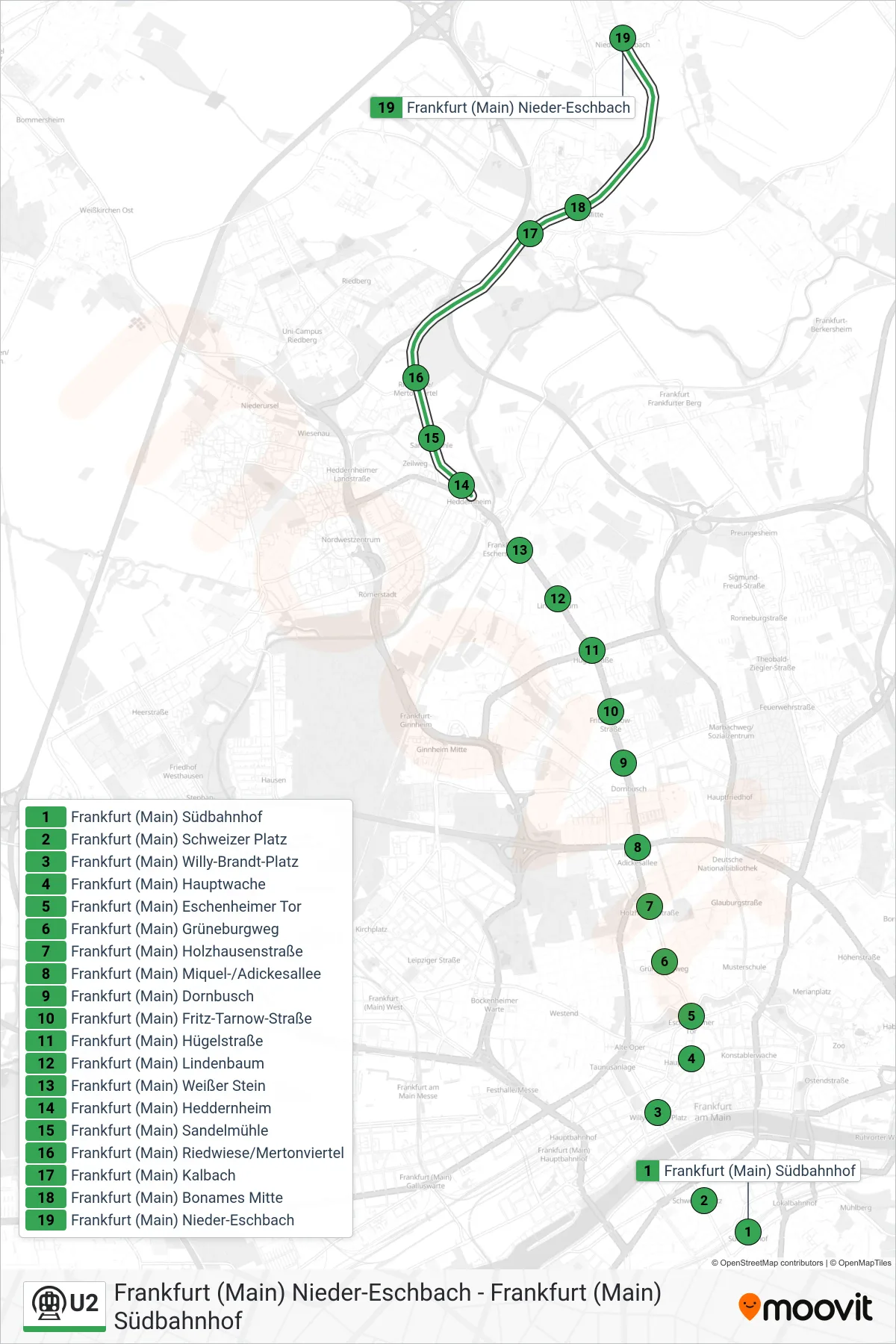 U2 subway Line (Frankfurt (Main) Nieder-Eschbach) route and stops on a map