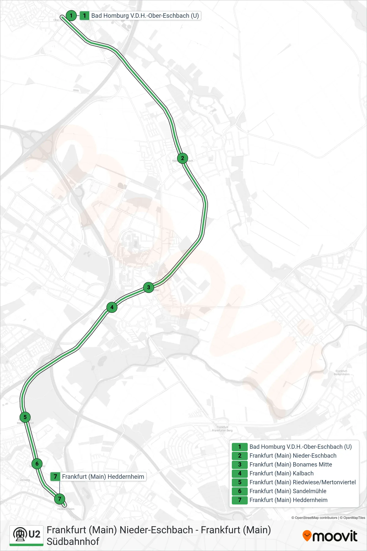 U2 subway Line (Frankfurt (Main) Heddernheim) route and stops on a map