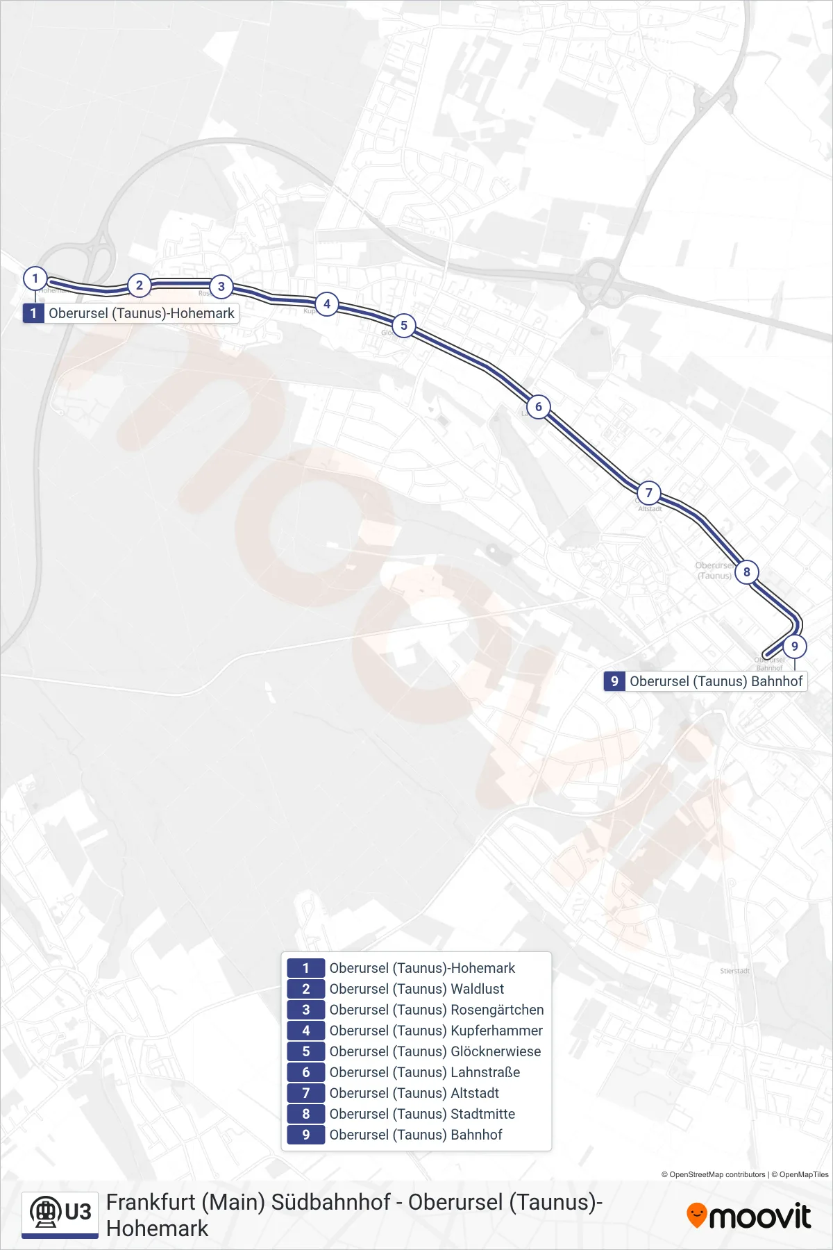 Linie U3 (U-Bahn) Richtung Oberursel (Taunus) Bahnhof: Route und Haltestellen auf der Karte