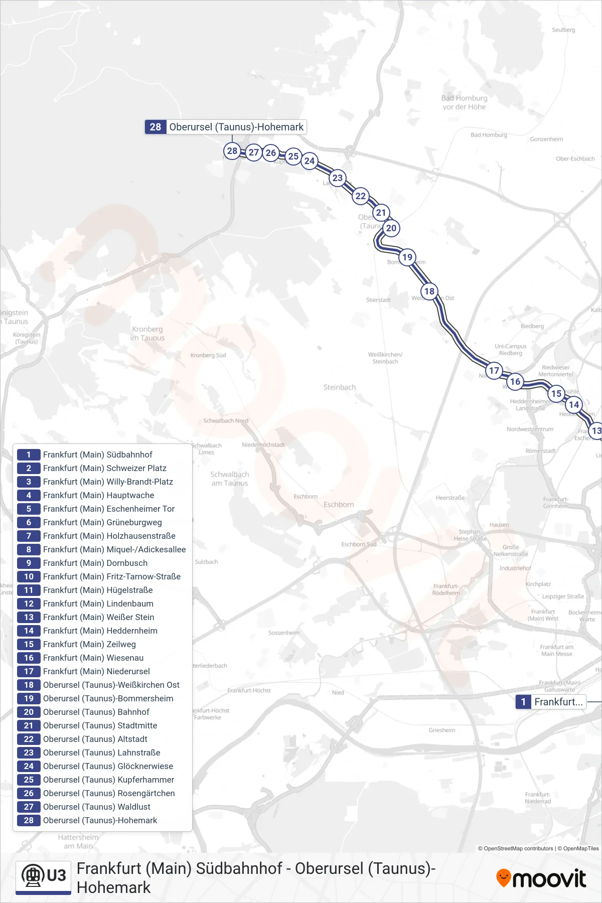 U3 subway Line (Oberursel (Taunus)-Hohemark) route and stops on a map