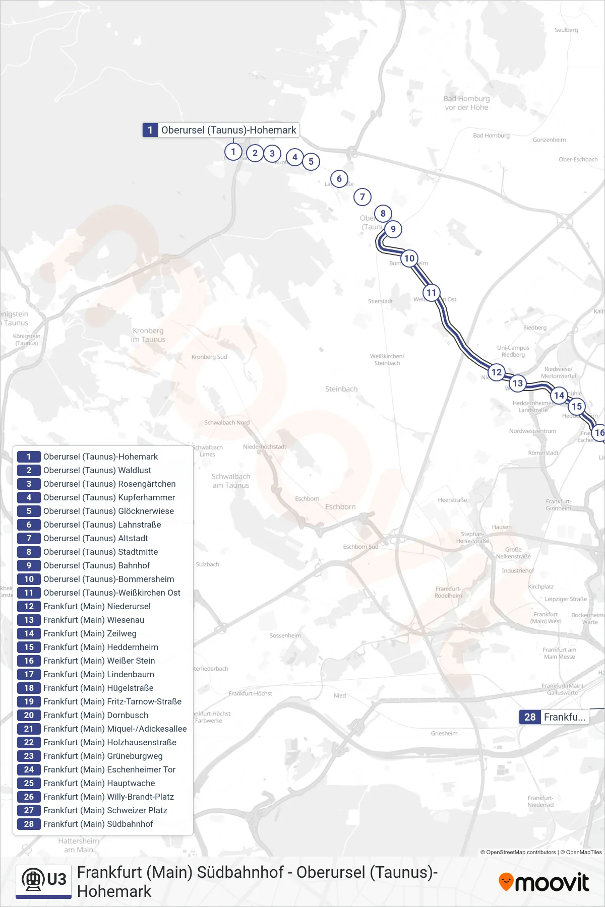 U3 subway Line (Frankfurt (Main) Südbahnhof) route and stops on a map