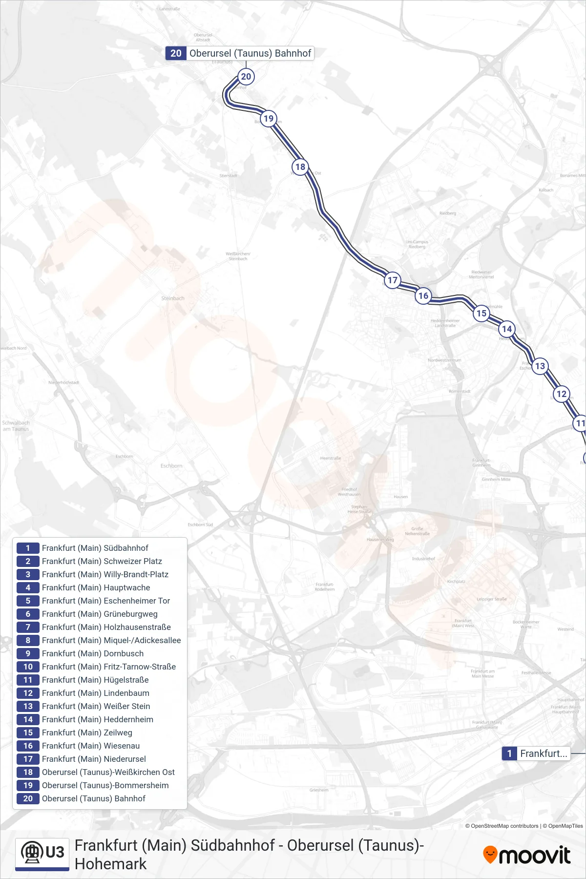 U3 subway Line (Oberursel (Taunus) Bahnhof) route and stops on a map