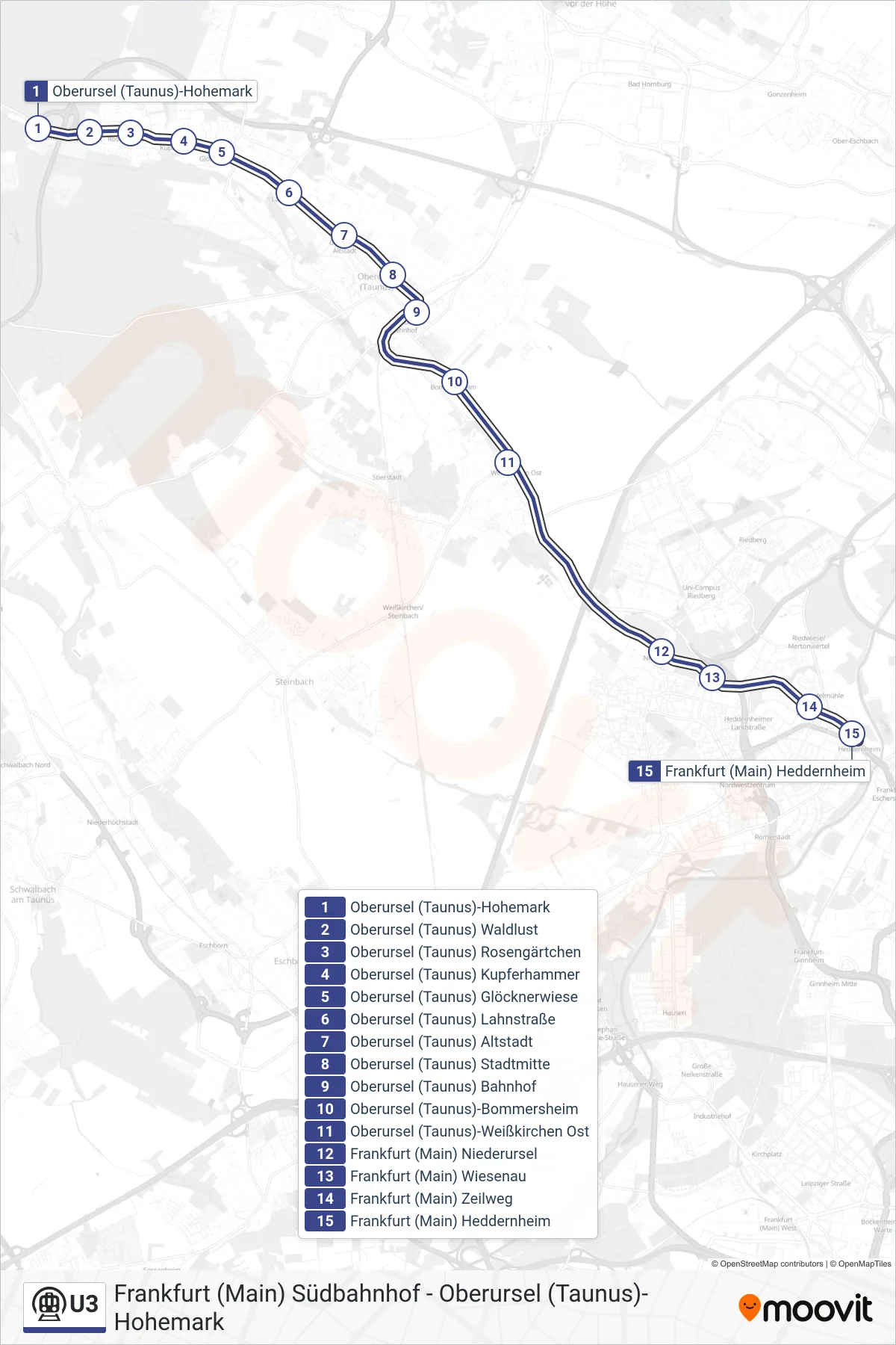 U3 subway Line (Frankfurt (Main) Heddernheim) route and stops on a map