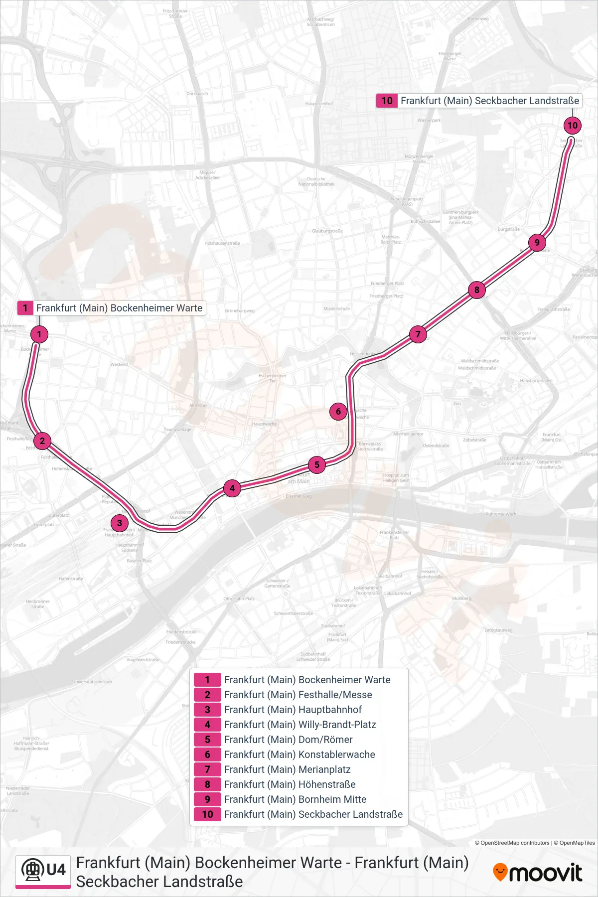 Linie U4 (U-Bahn) Richtung Frankfurt (Main) Seckbacher Landstraße: Route und Haltestellen auf der Karte