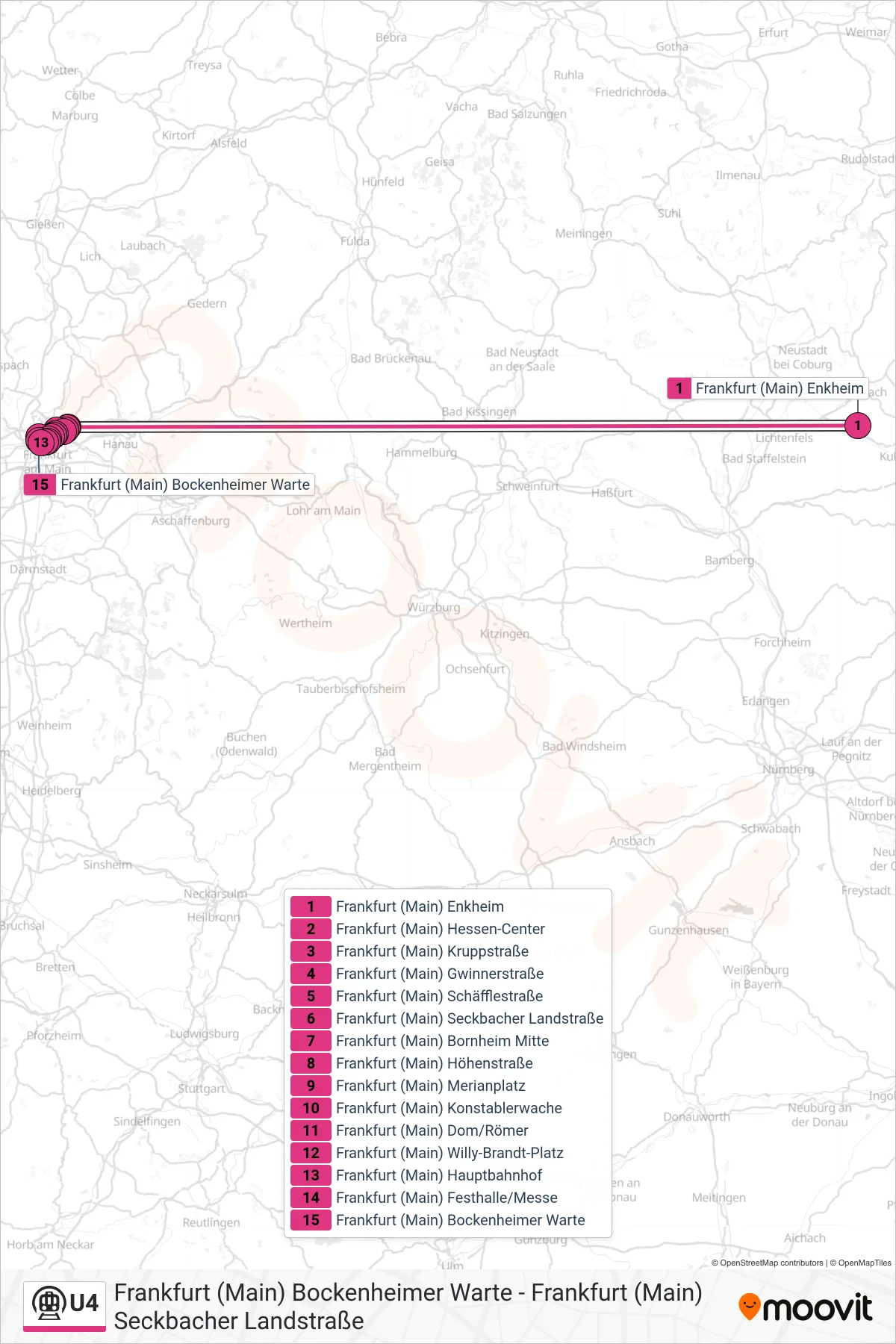 Linie U4 (U-Bahn) Richtung Frankfurt (Main) Bockenheimer Warte: Route und Haltestellen auf der Karte