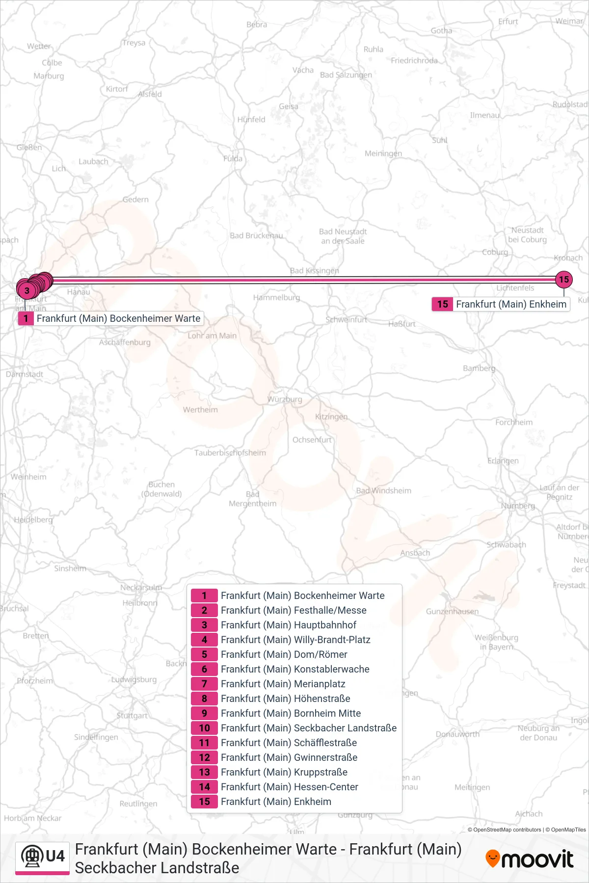 Linie U4 (U-Bahn) Richtung Frankfurt (Main) Enkheim: Route und Haltestellen auf der Karte