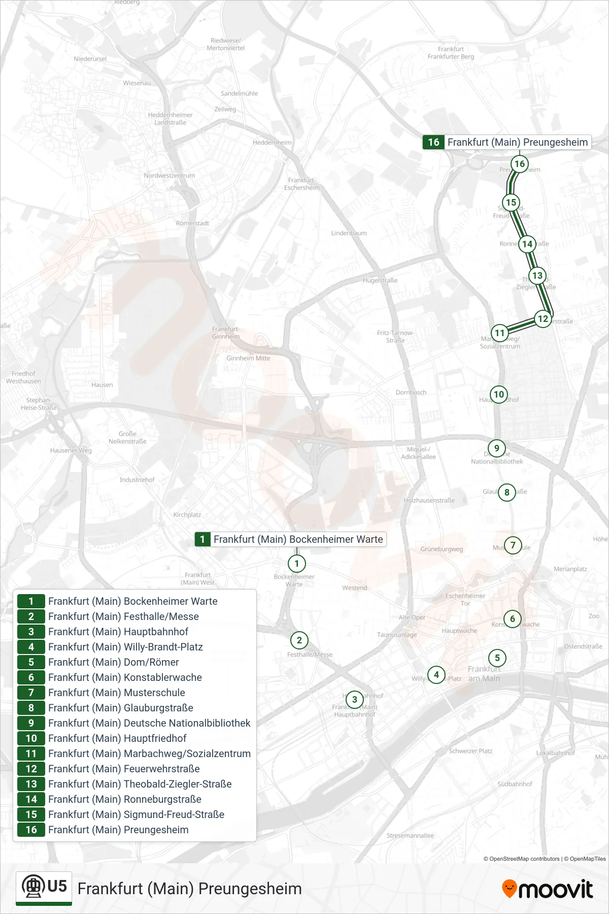 U5 subway Line (Frankfurt (Main) Preungesheim) route and stops on a map