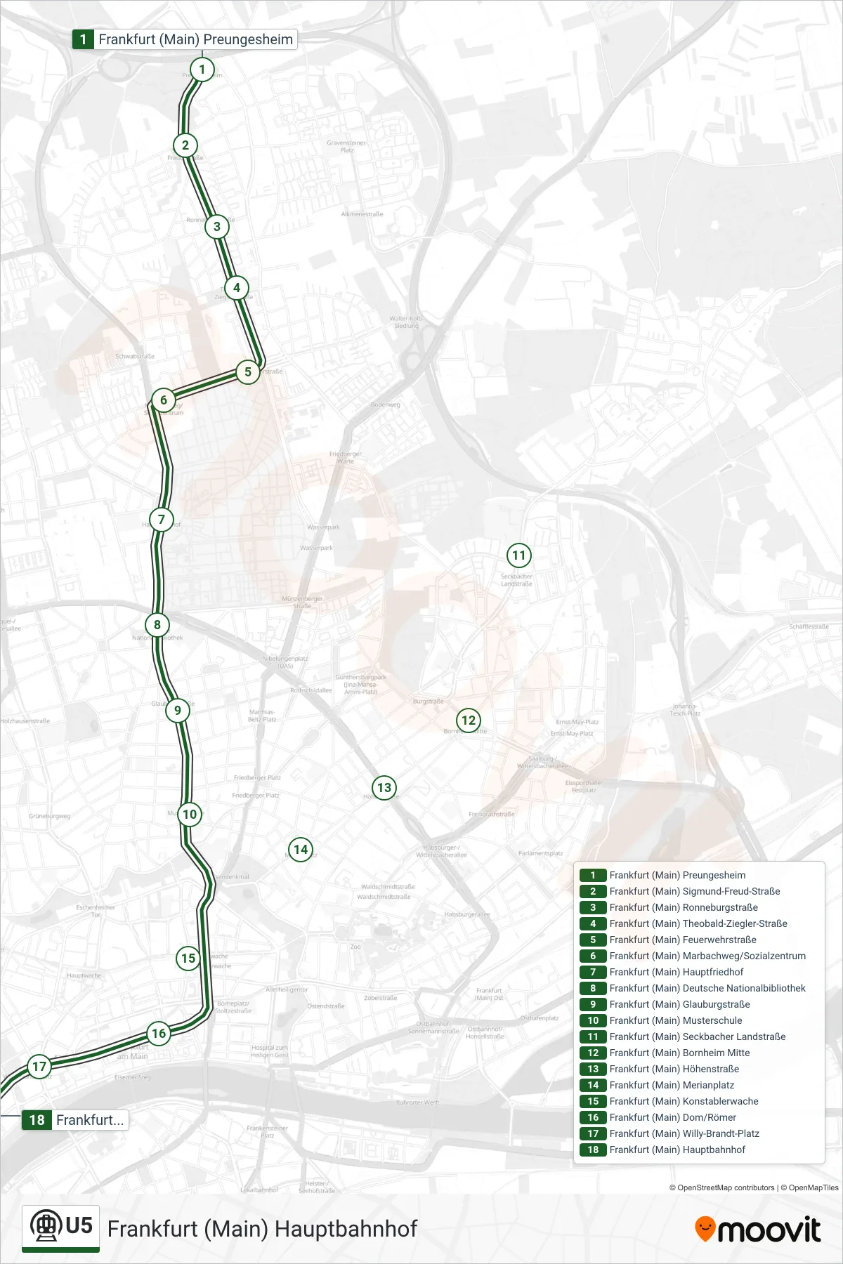 U5 subway Line (Frankfurt (Main) Hauptbahnhof) route and stops on a map