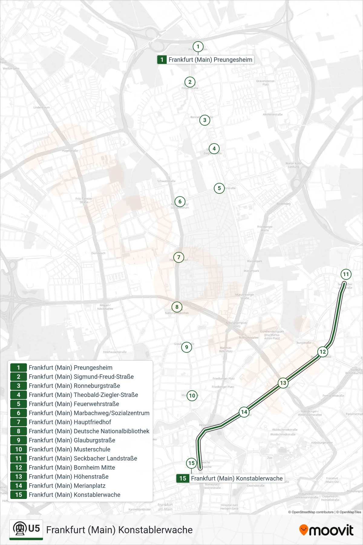 Linie U5 (U-Bahn) Richtung Frankfurt (Main) Konstablerwache: Route und Haltestellen auf der Karte