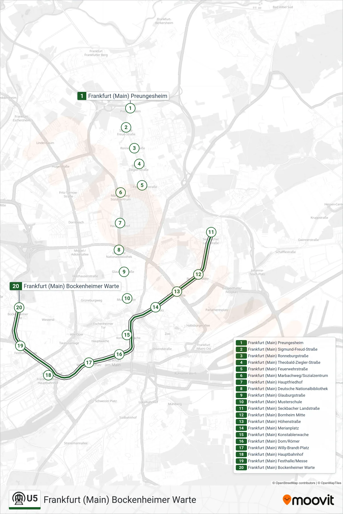 U5 subway Line (Frankfurt (Main) Bockenheimer Warte) route and stops on a map