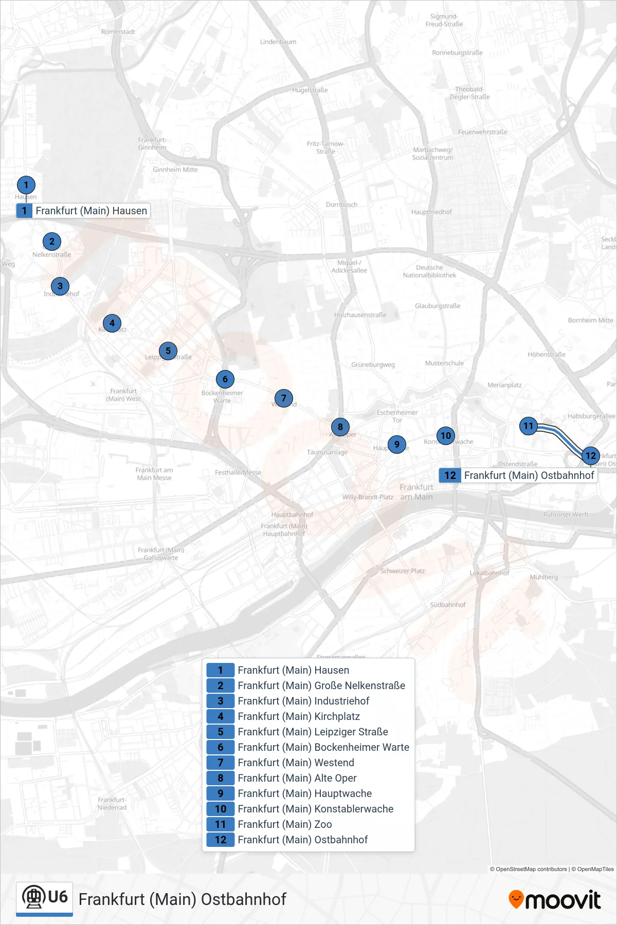 Linie U6 (U-Bahn) Richtung Frankfurt (Main) Ostbahnhof: Route und Haltestellen auf der Karte