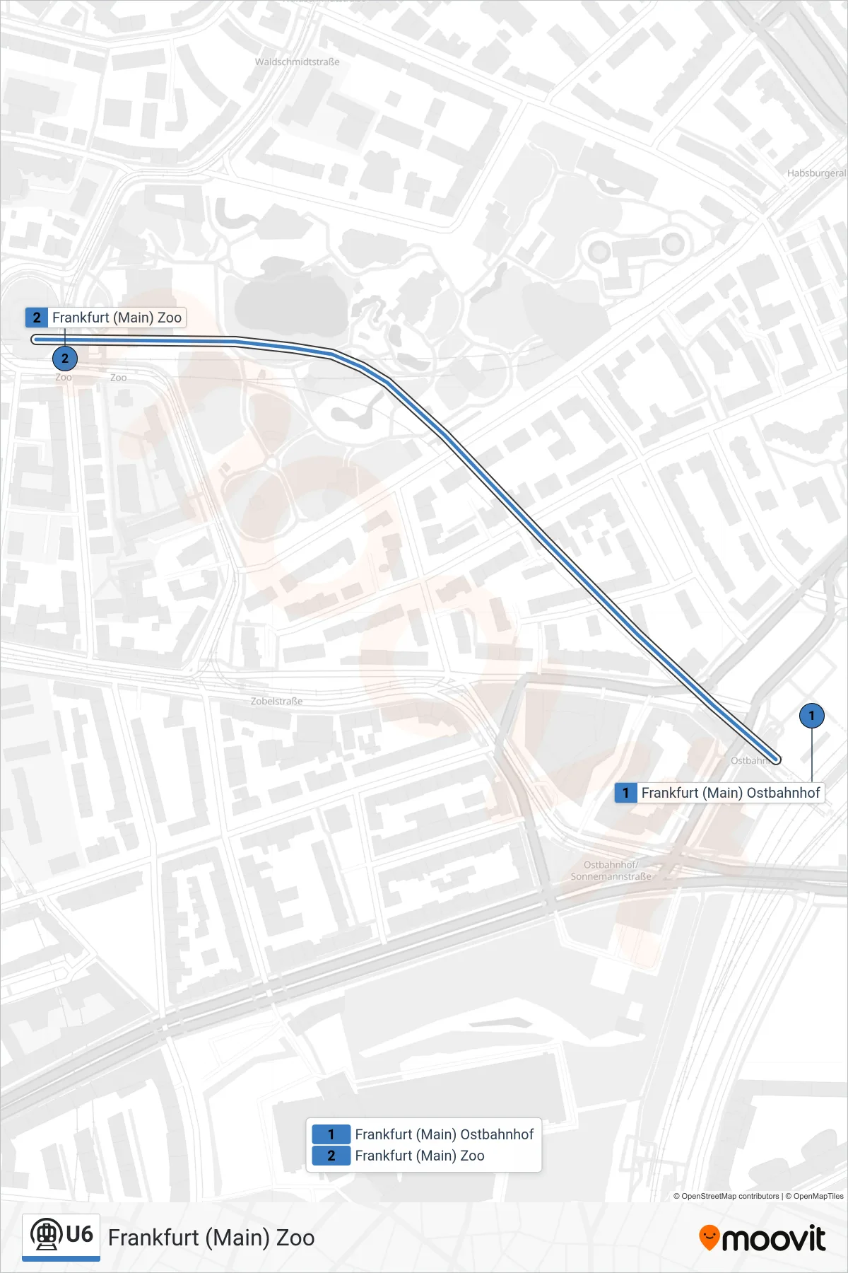 U6 subway Line (Frankfurt (Main) Zoo) route and stops on a map