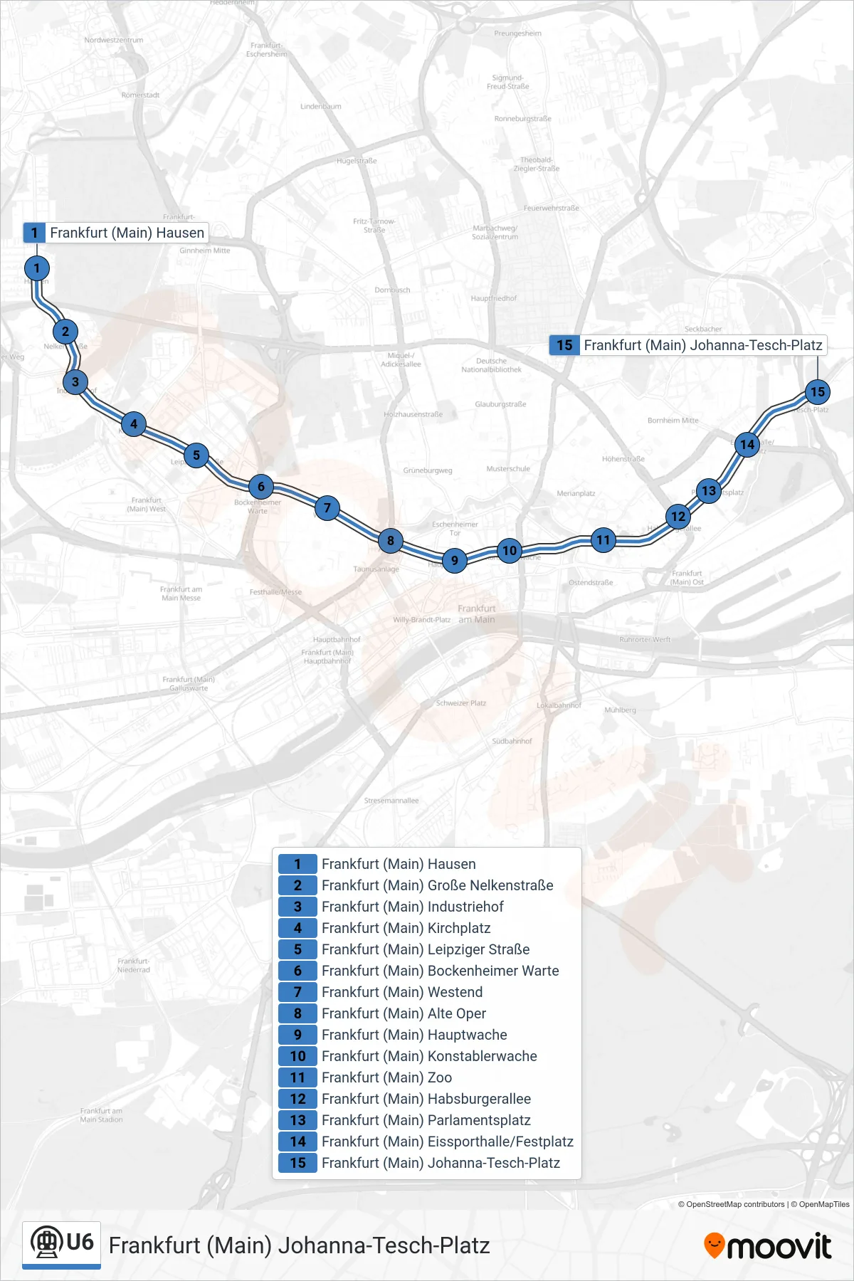 U6 subway Line (Frankfurt (Main) Johanna-Tesch-Platz) route and stops on a map