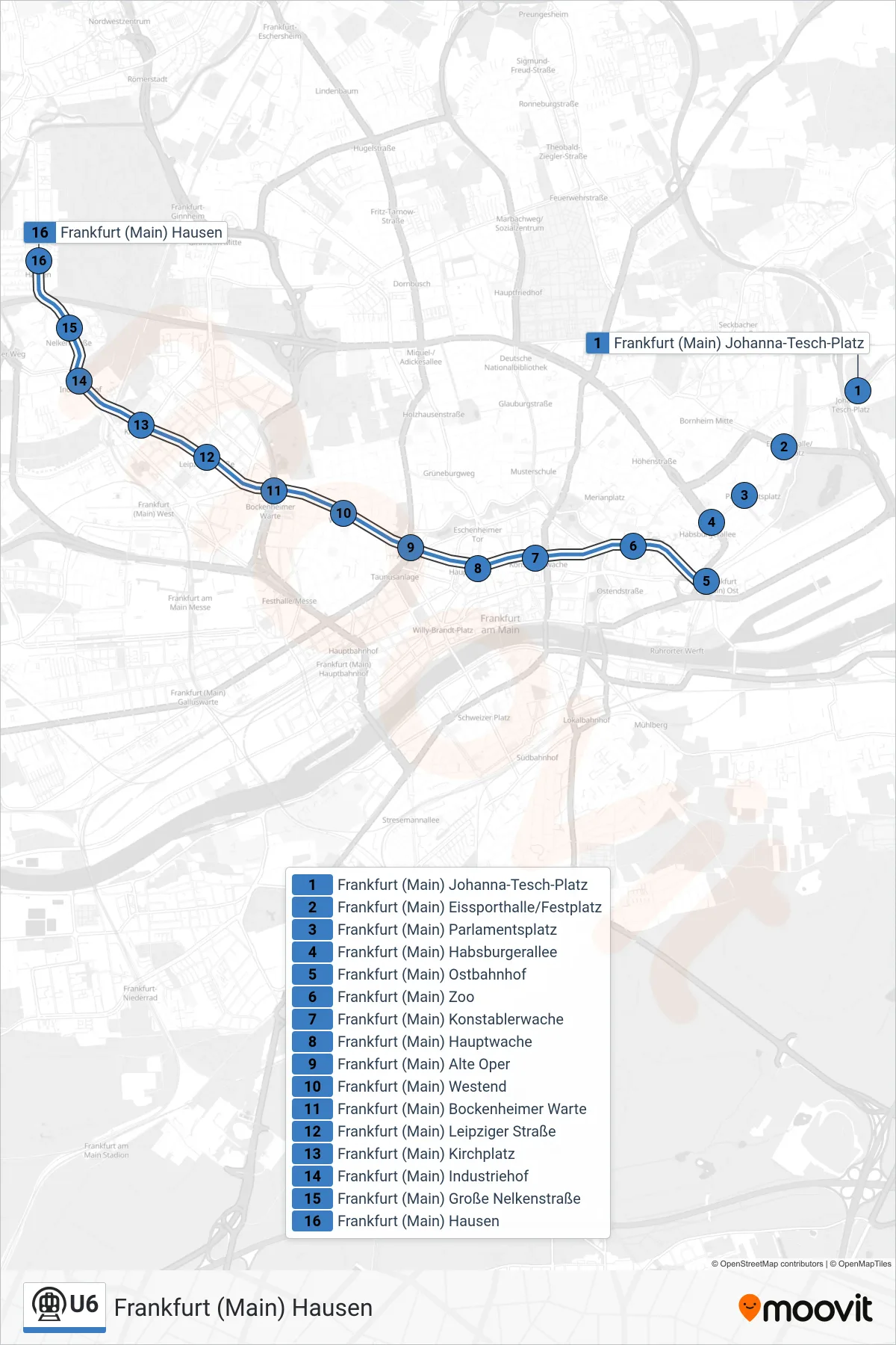 Linie U6 (U-Bahn) Richtung Frankfurt (Main) Hausen: Route und Haltestellen auf der Karte