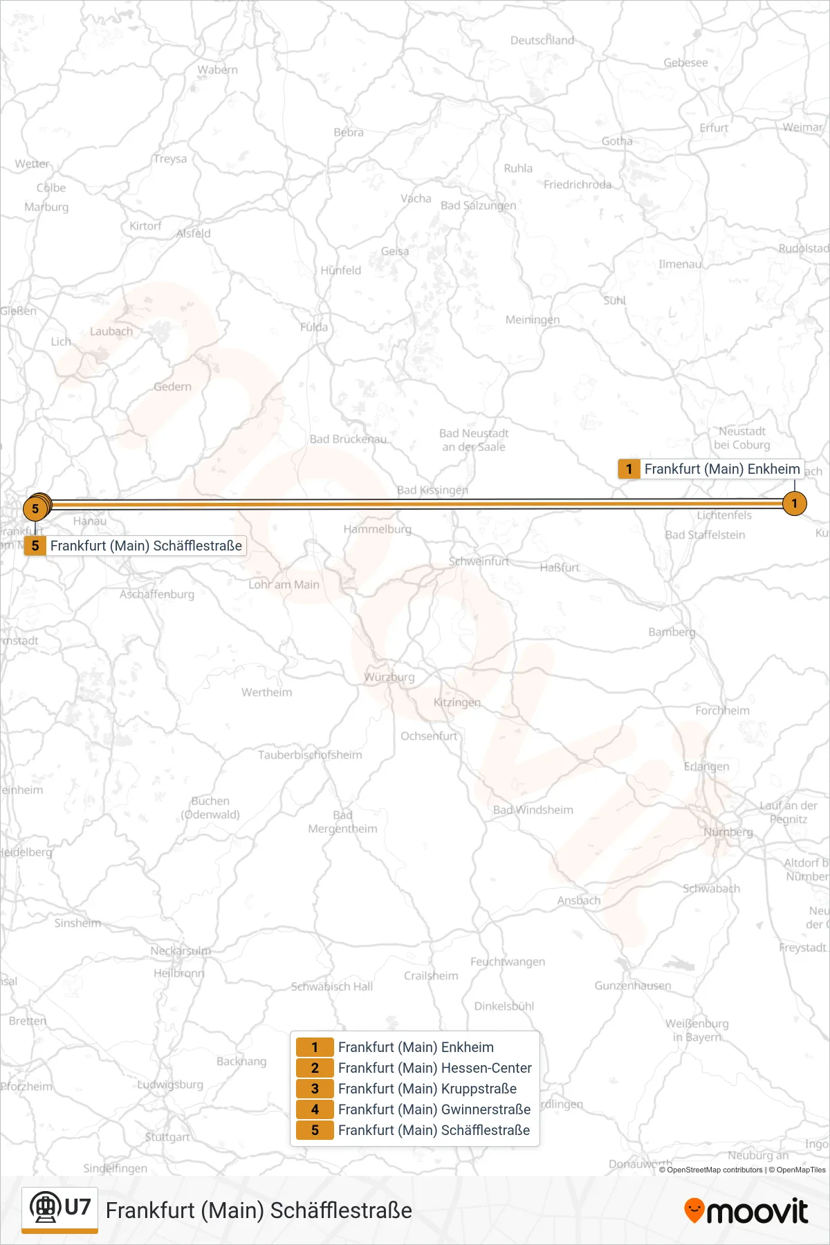 Linie U7 (U-Bahn) Richtung Frankfurt (Main) Schäfflestraße: Route und Haltestellen auf der Karte