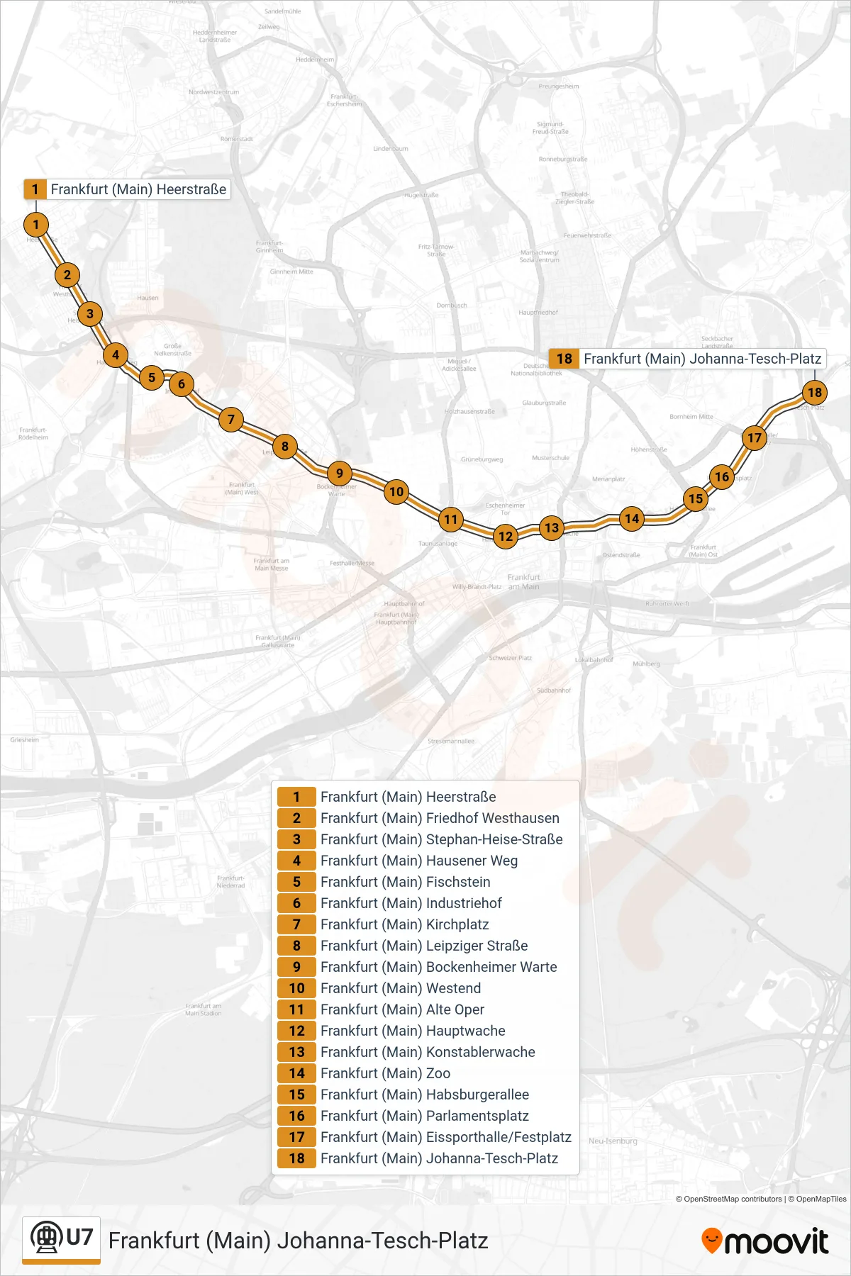 U7 subway Line (Frankfurt (Main) Johanna-Tesch-Platz) route and stops on a map