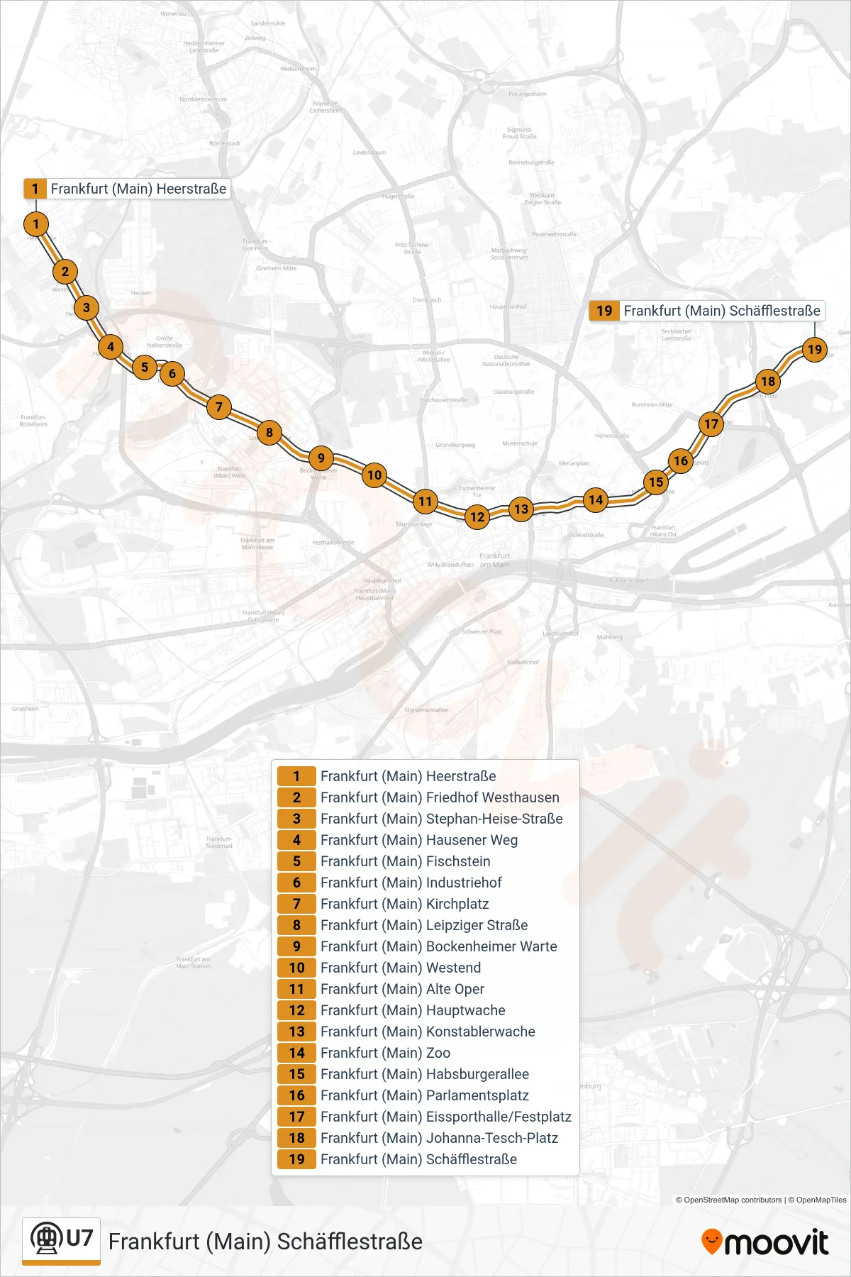 Linie U7 (U-Bahn) Richtung Frankfurt (Main) Schäfflestraße: Route und Haltestellen auf der Karte