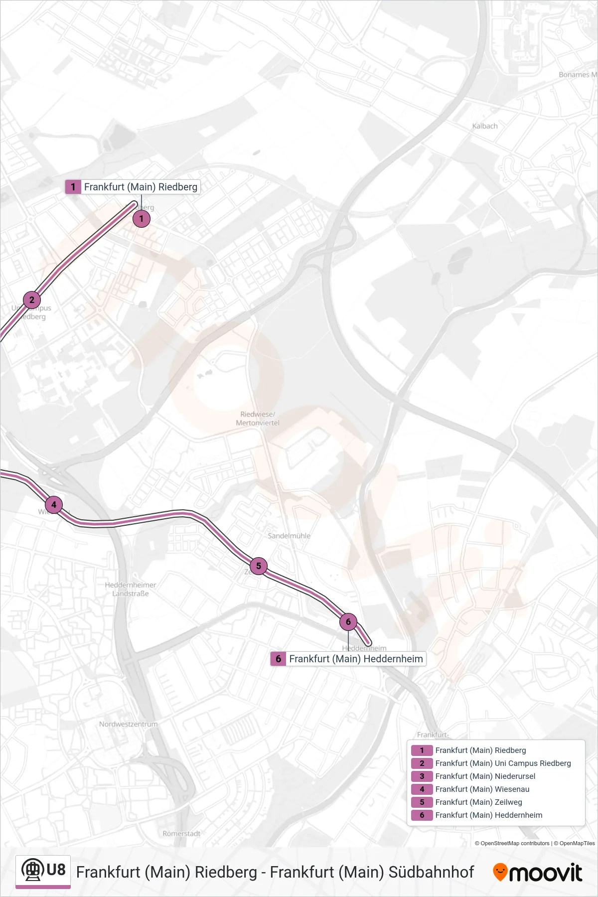 U8 subway Line (Frankfurt (Main) Heddernheim) route and stops on a map