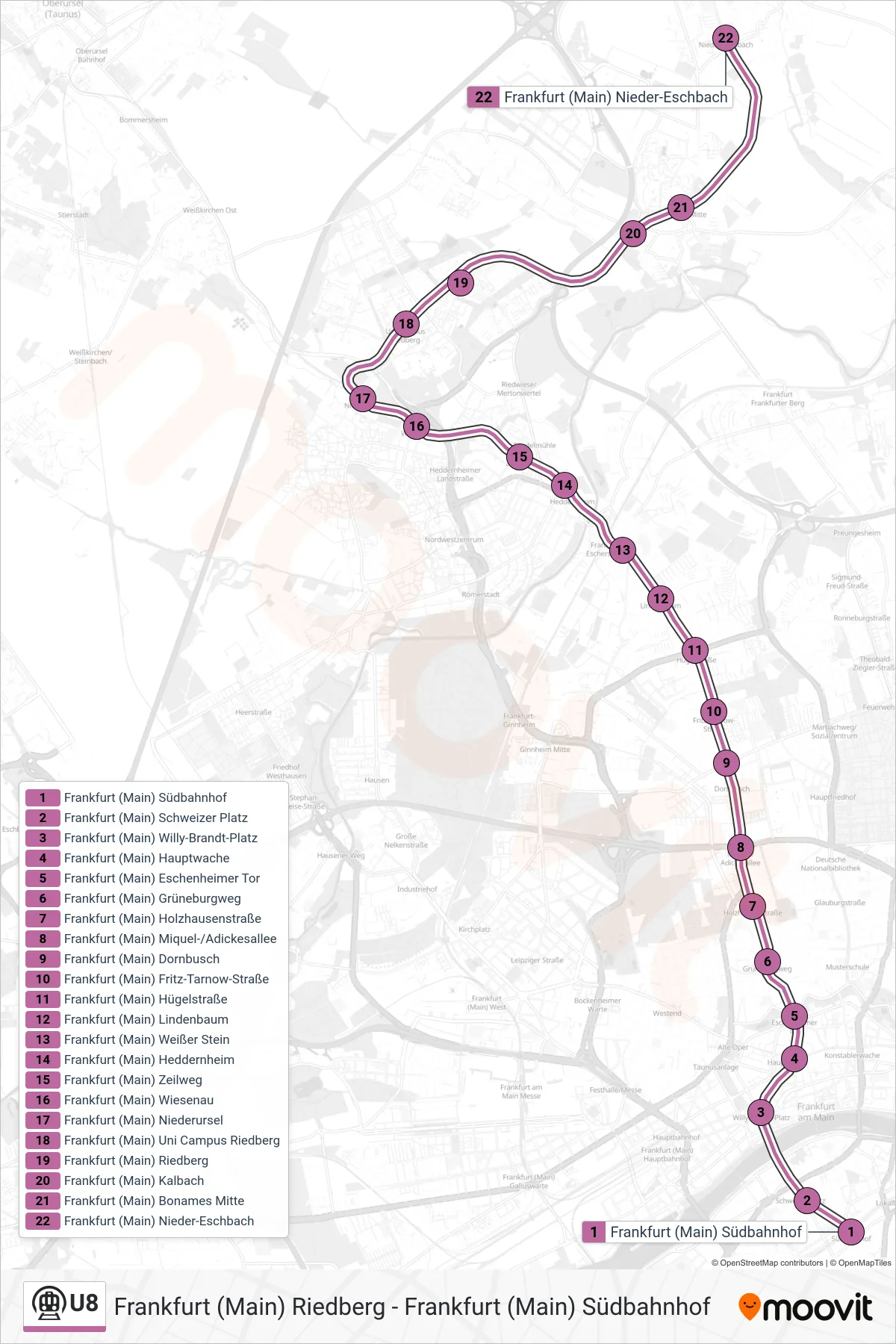 U8 subway Line (Frankfurt (Main) Nieder-Eschbach) route and stops on a map