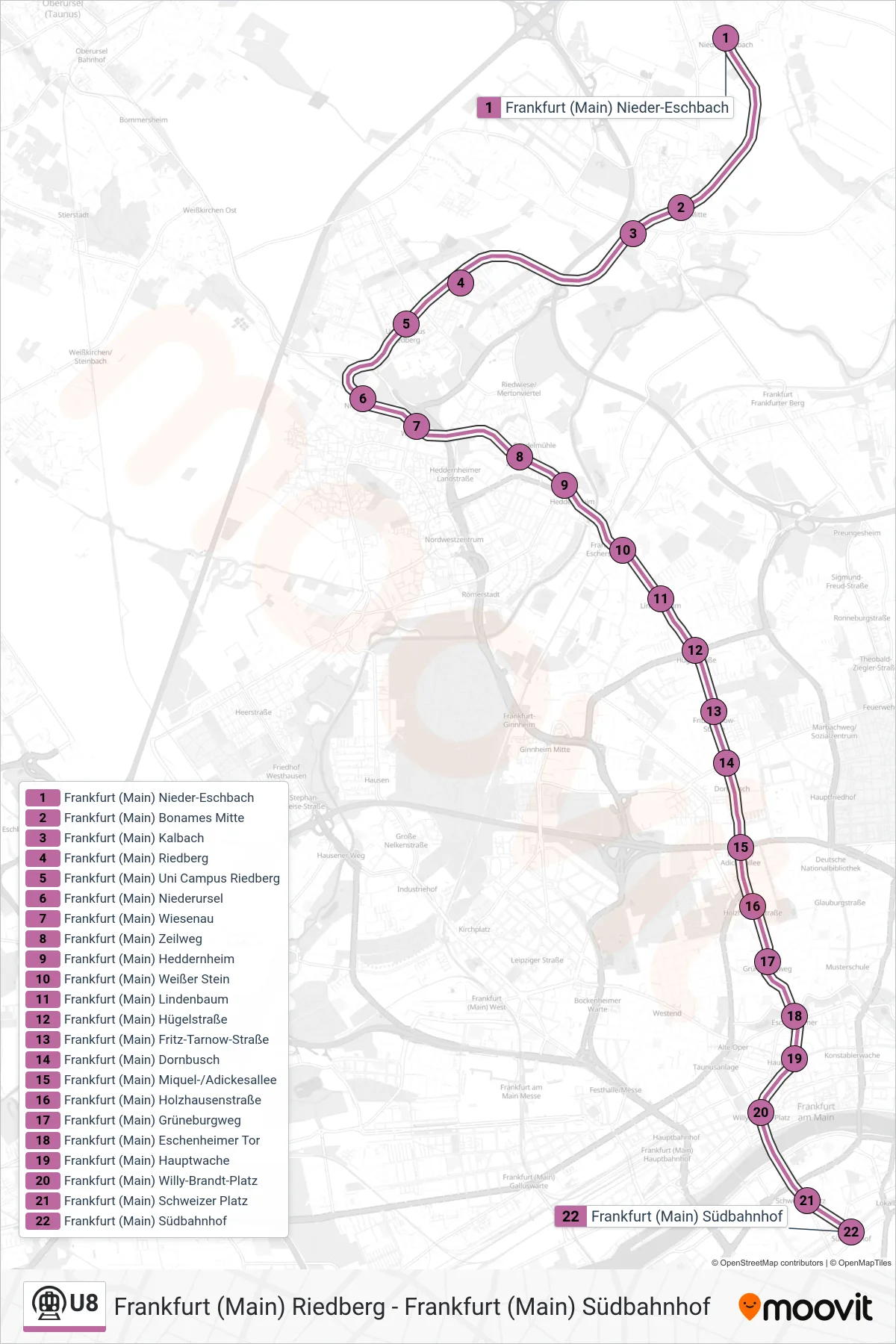 Linie U8 (U-Bahn) Richtung Frankfurt (Main) Südbahnhof: Route und Haltestellen auf der Karte