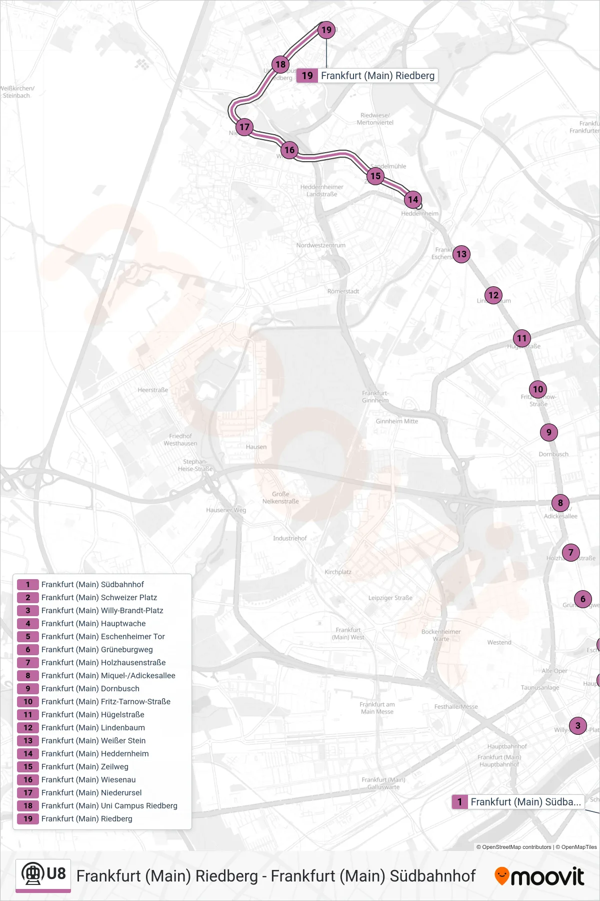 Linie U8 (U-Bahn) Richtung Frankfurt (Main) Riedberg: Route und Haltestellen auf der Karte