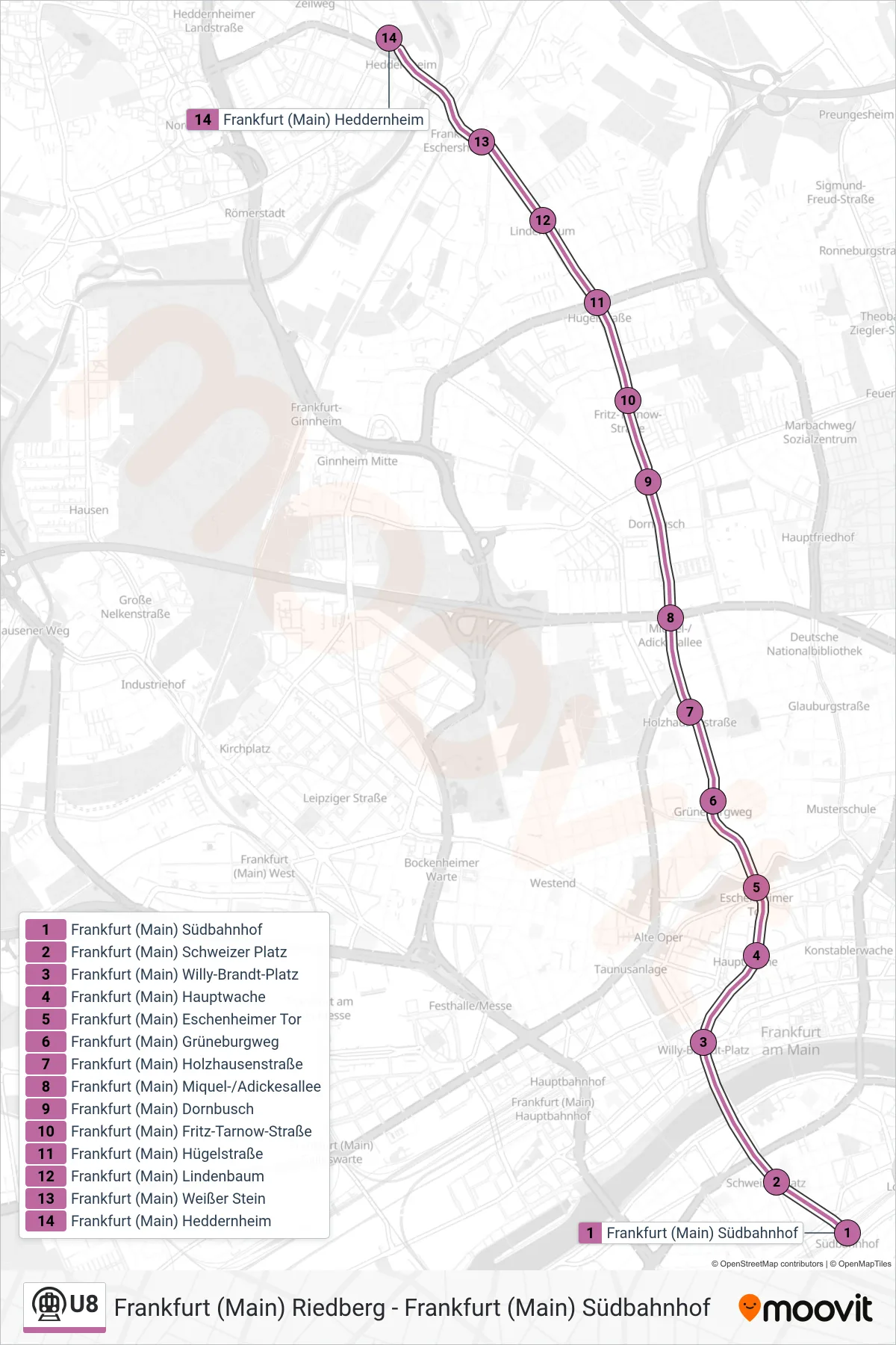 U8 subway Line (Frankfurt (Main) Heddernheim) route and stops on a map
