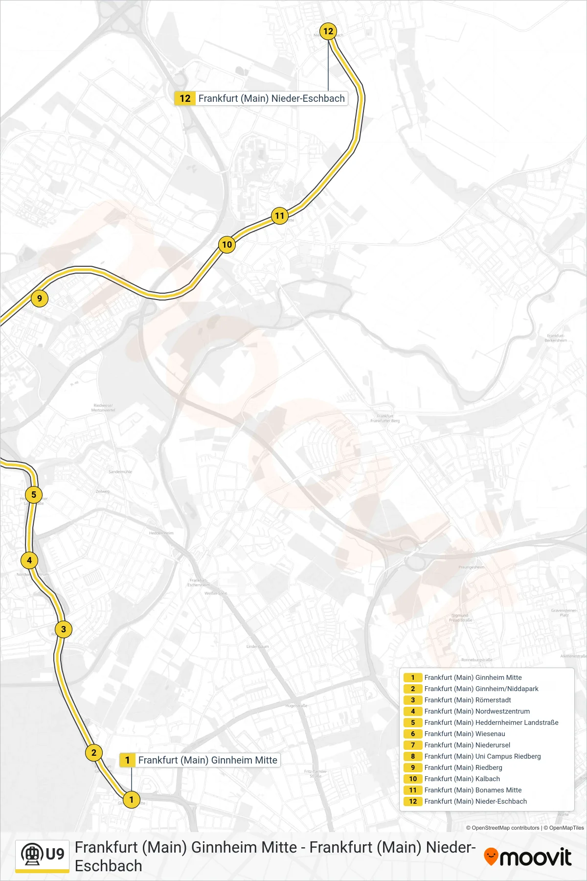 U9 subway Line (Frankfurt (Main) Nieder-Eschbach) route and stops on a map