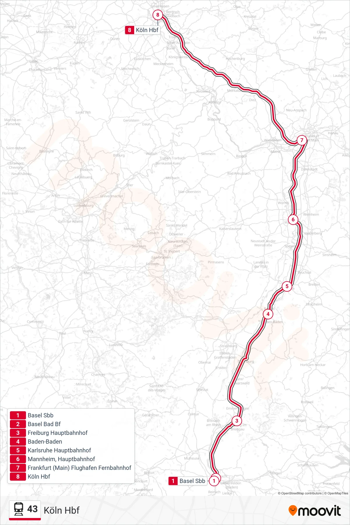 43 train Line (Köln Hbf) route and stops on a map