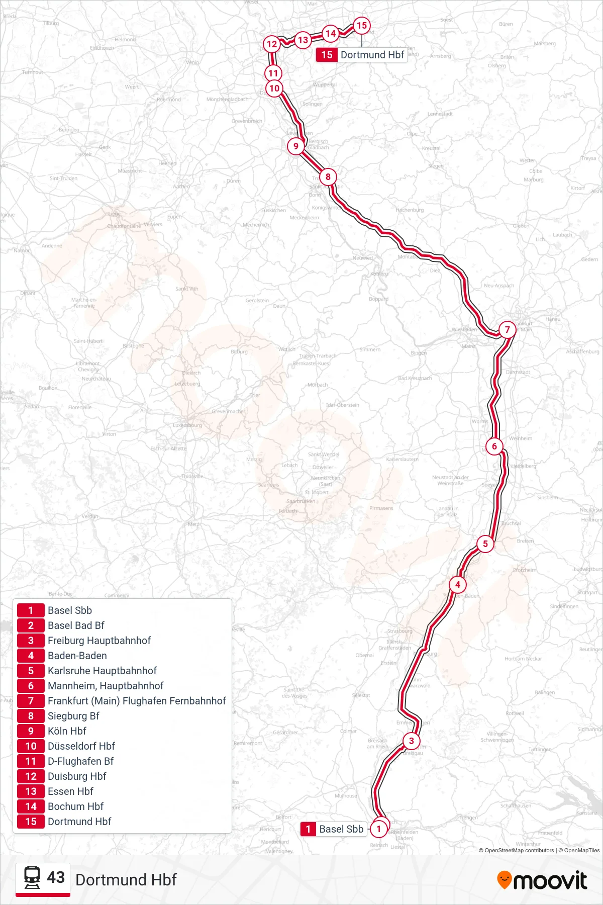 43 train Line (Dortmund Hbf) route and stops on a map
