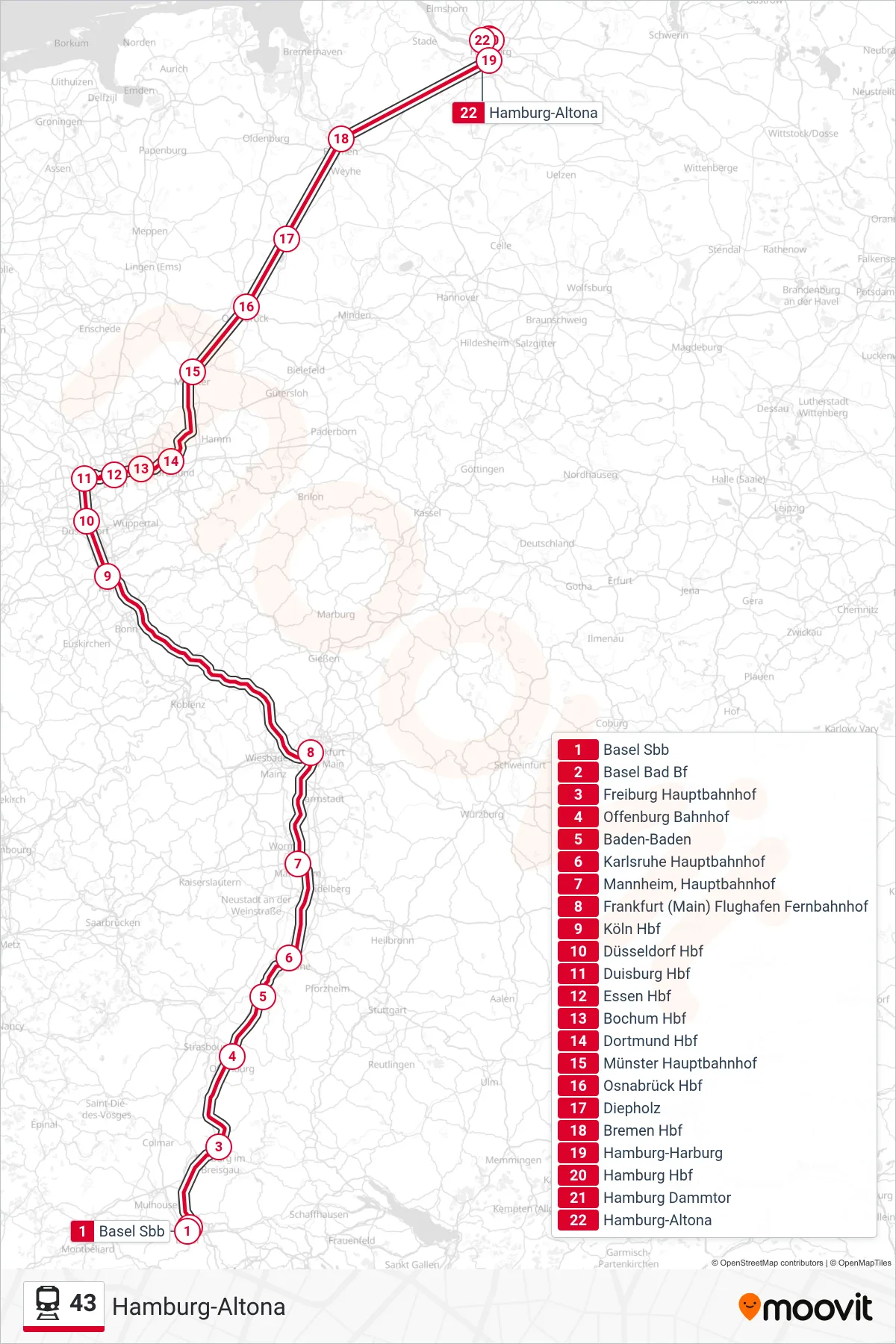Linie 43 (Bahn) Richtung Hamburg-Altona: Route und Haltestellen auf der Karte