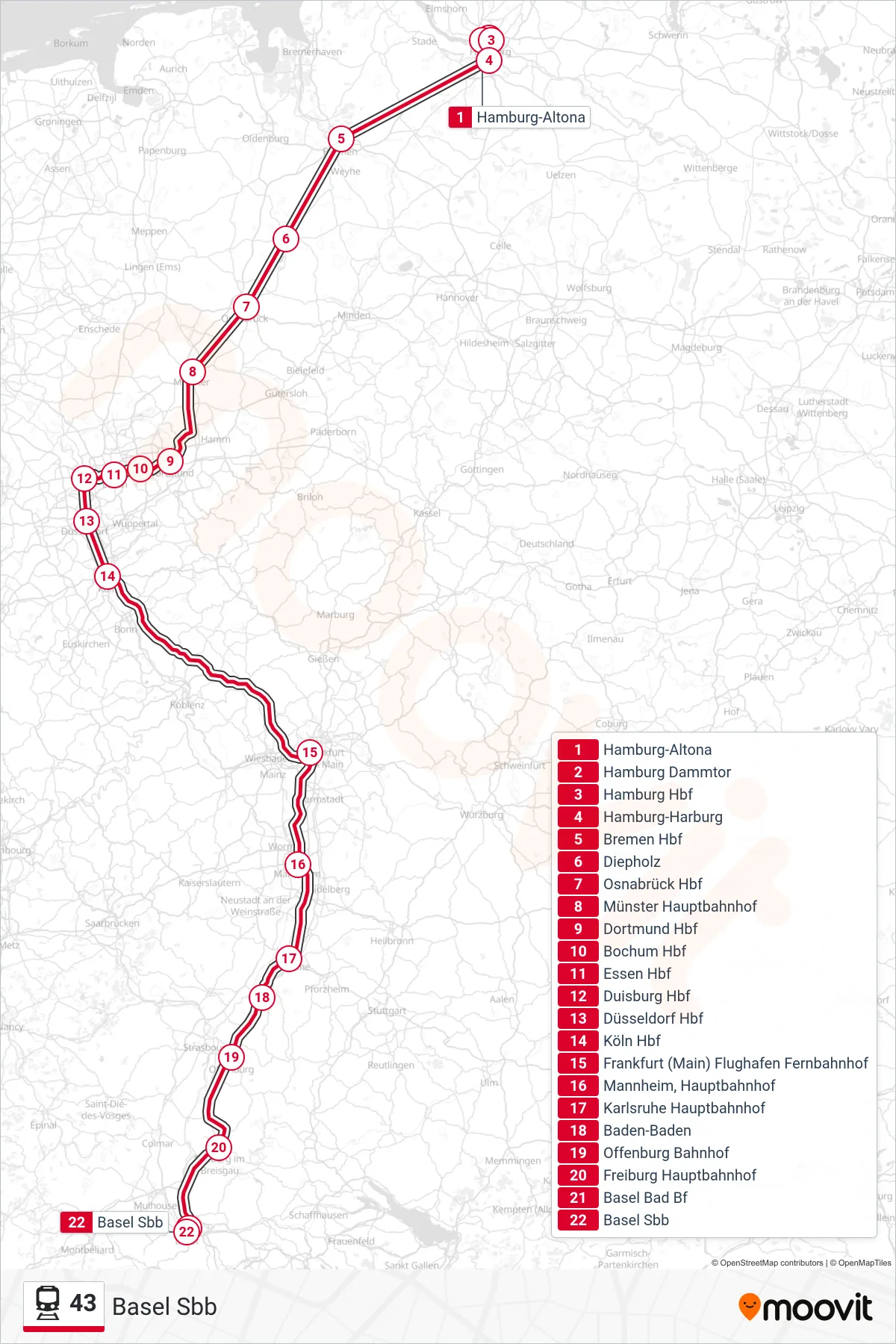 43 train Line (Basel Sbb) route and stops on a map