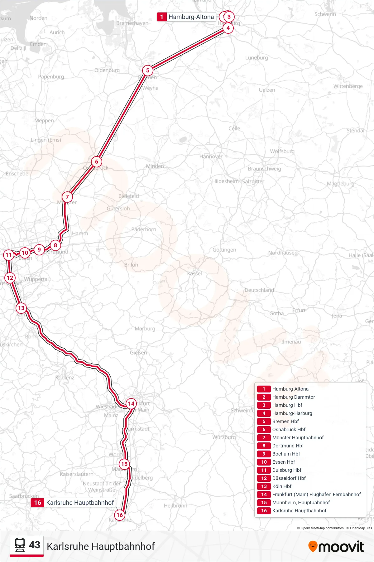 43 train Line (Karlsruhe Hauptbahnhof) route and stops on a map