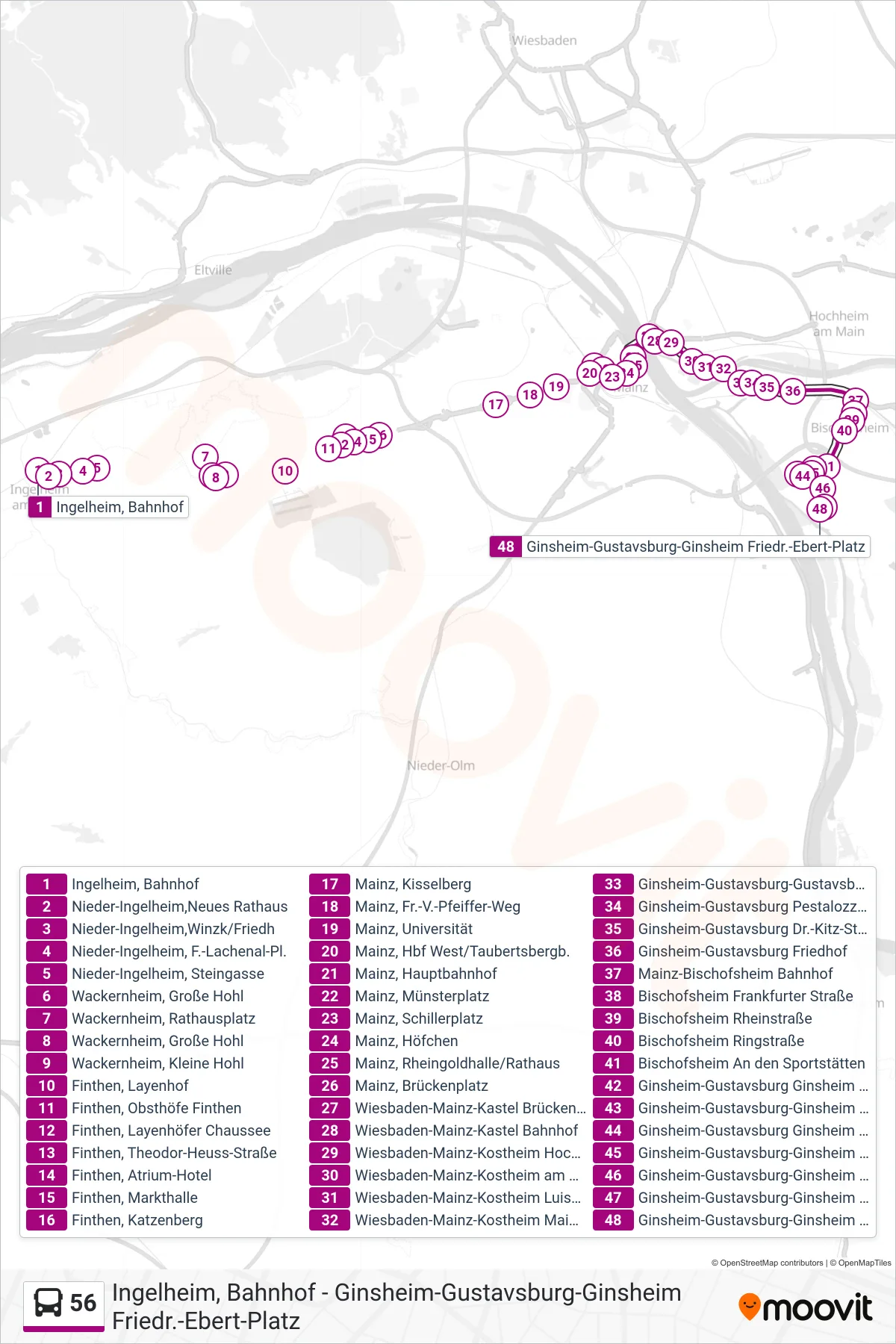 56 bus Line (Ginsheim-Gustavsburg-Ginsheim Friedr.-Ebert-Platz) route and stops on a map
