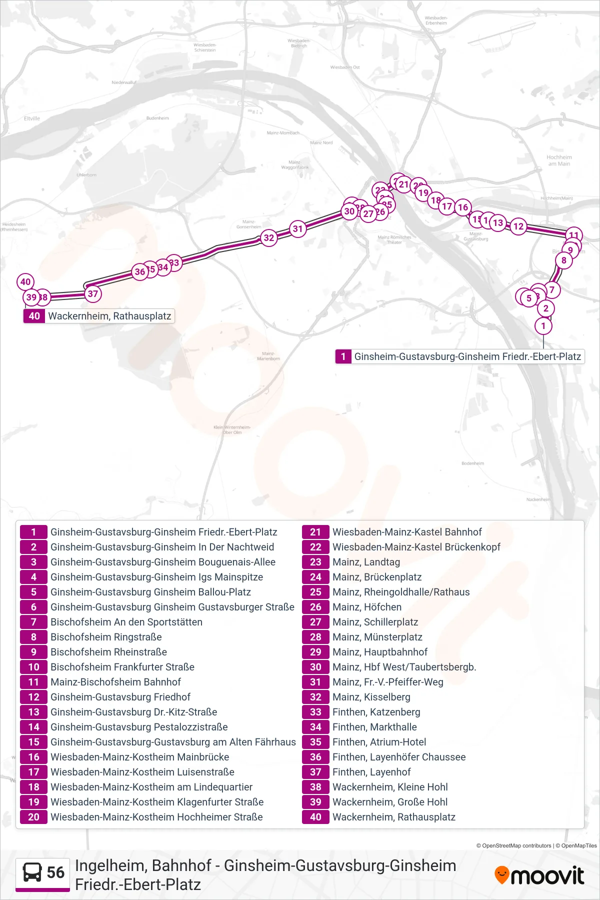 56 bus Line (Wackernheim, Rathausplatz) route and stops on a map