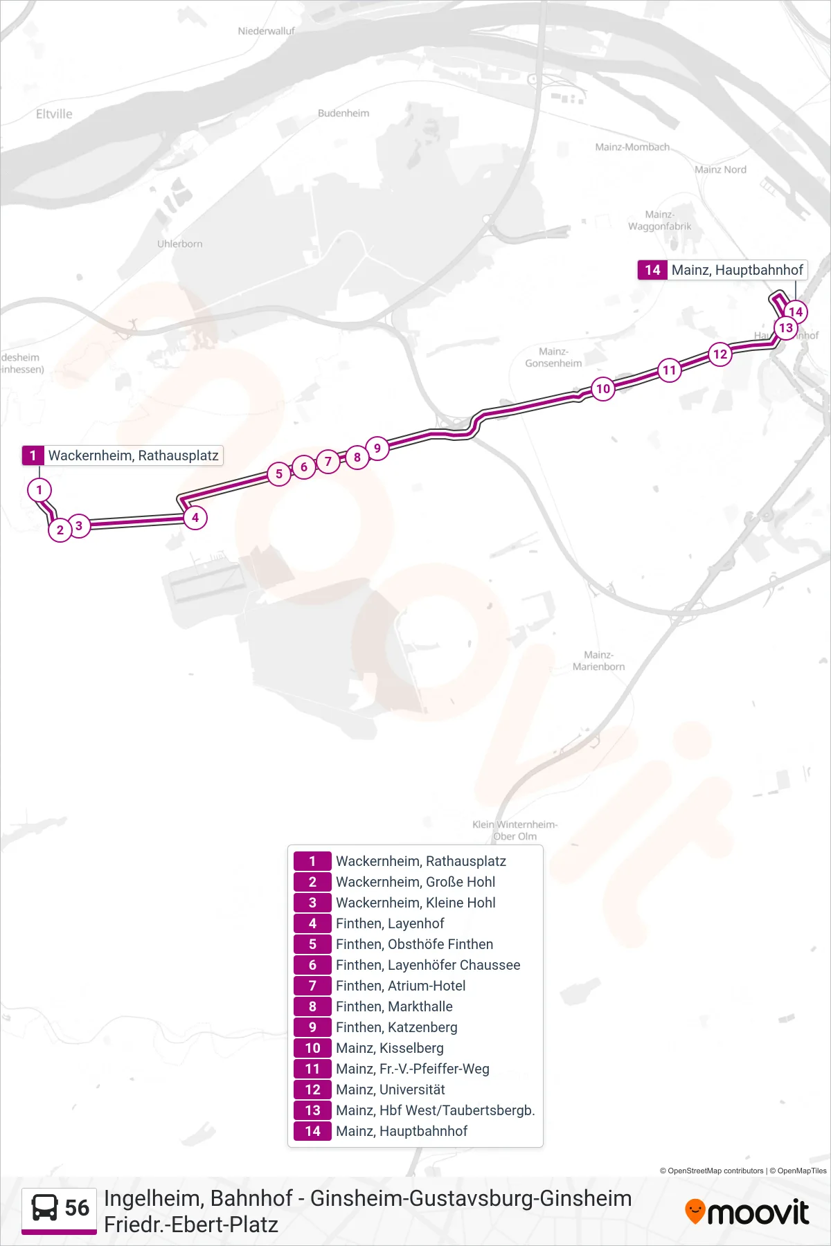 56 bus Line (Mainz, Hauptbahnhof) route and stops on a map