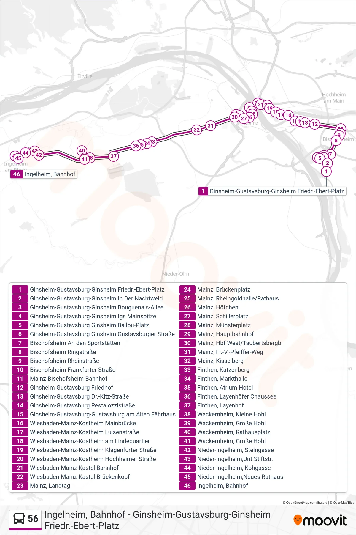 56 bus Line (Ingelheim, Bahnhof) route and stops on a map