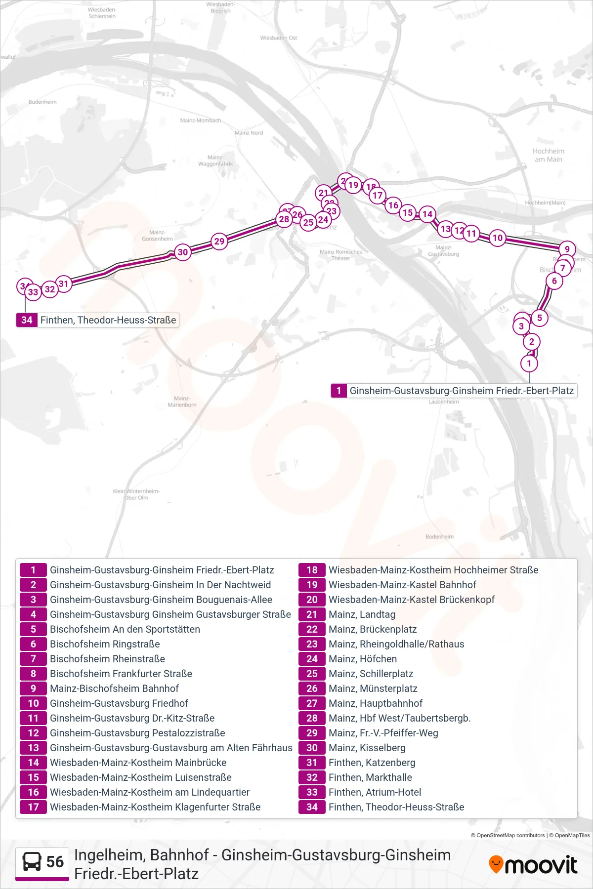 56 bus Line (Finthen, Theodor-Heuss-Straße) route and stops on a map