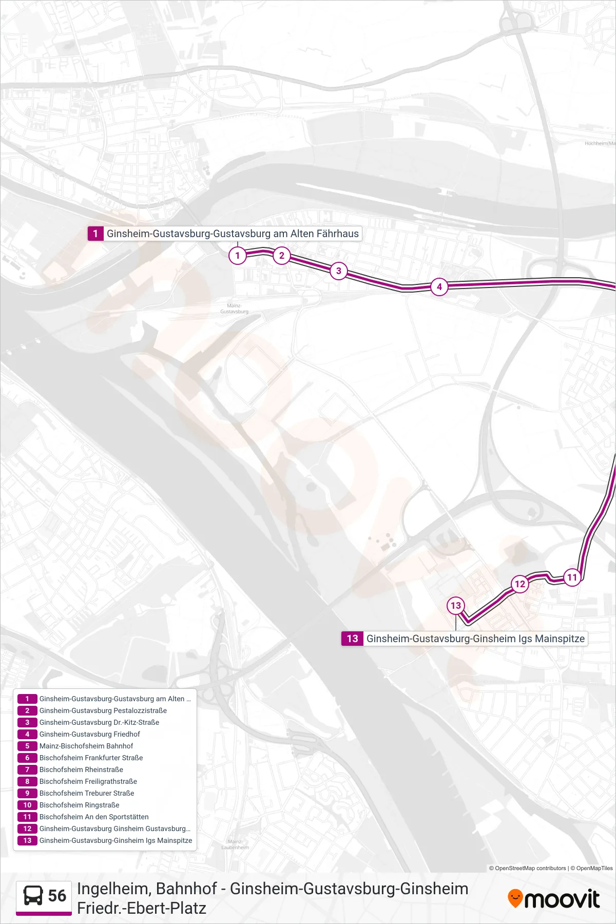 Linie 56 (Bus) Richtung Ginsheim: Route und Haltestellen auf der Karte