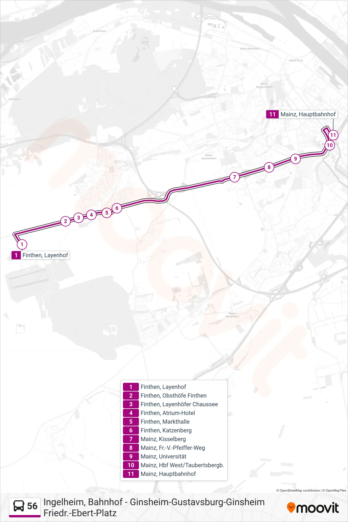 56 bus Line (Hauptbahnhof) route and stops on a map