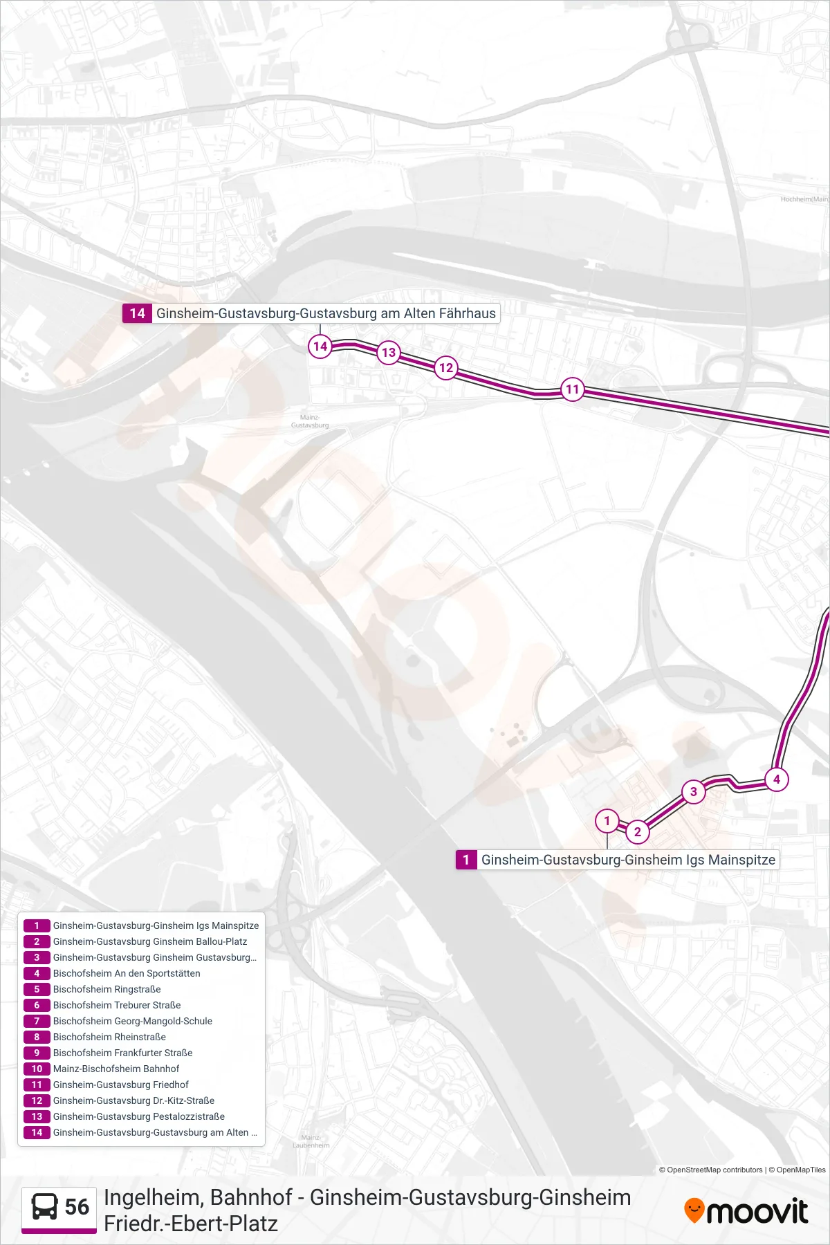 56 bus Line (Gustavsburg) route and stops on a map