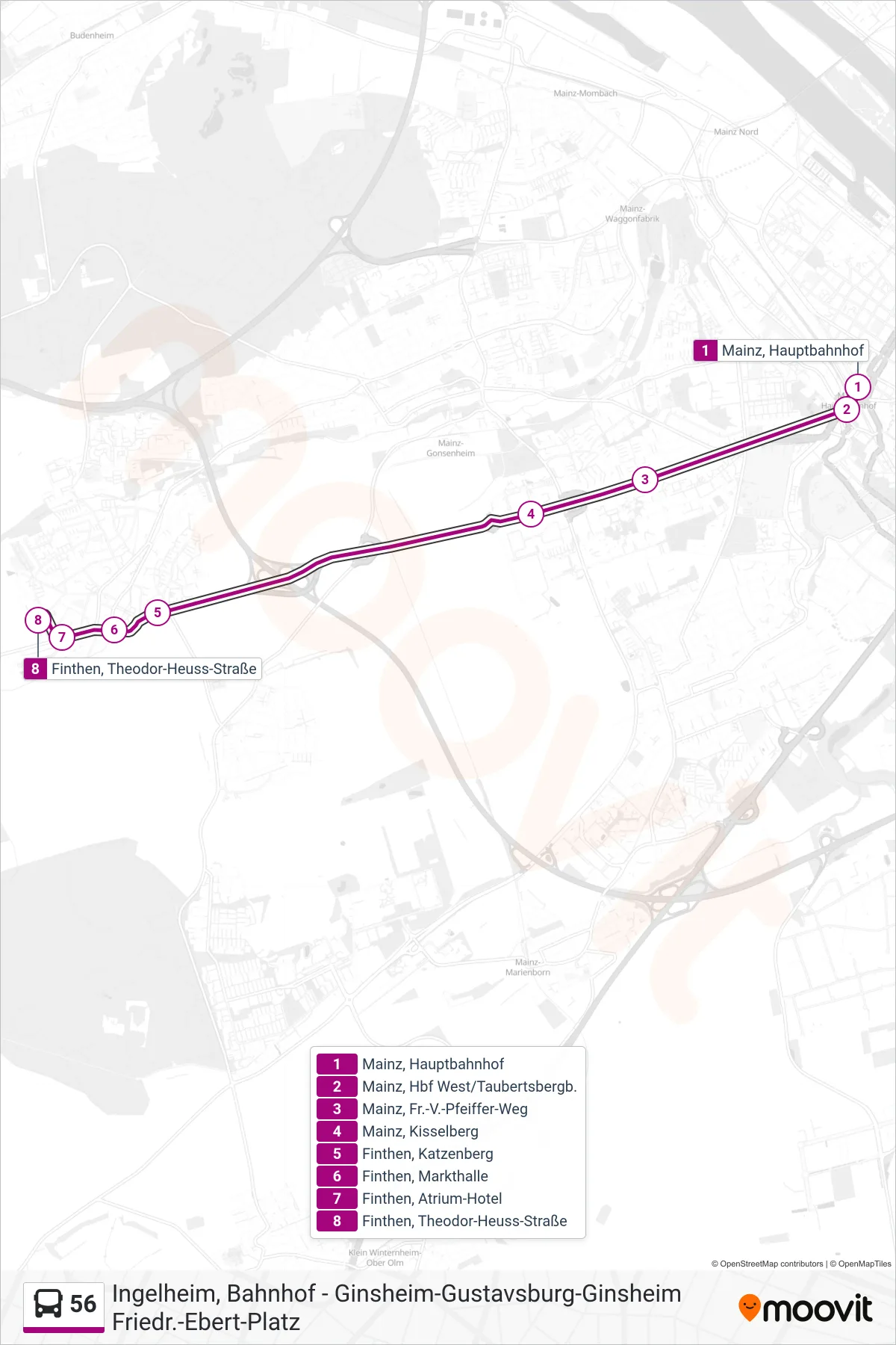 56 bus Line (Finthen) route and stops on a map