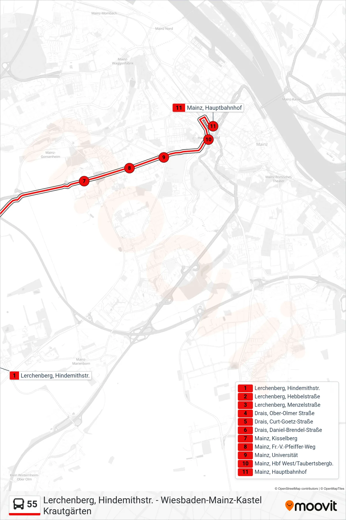 Linie 55 (Bus) Richtung Hauptbahnhof: Route und Haltestellen auf der Karte