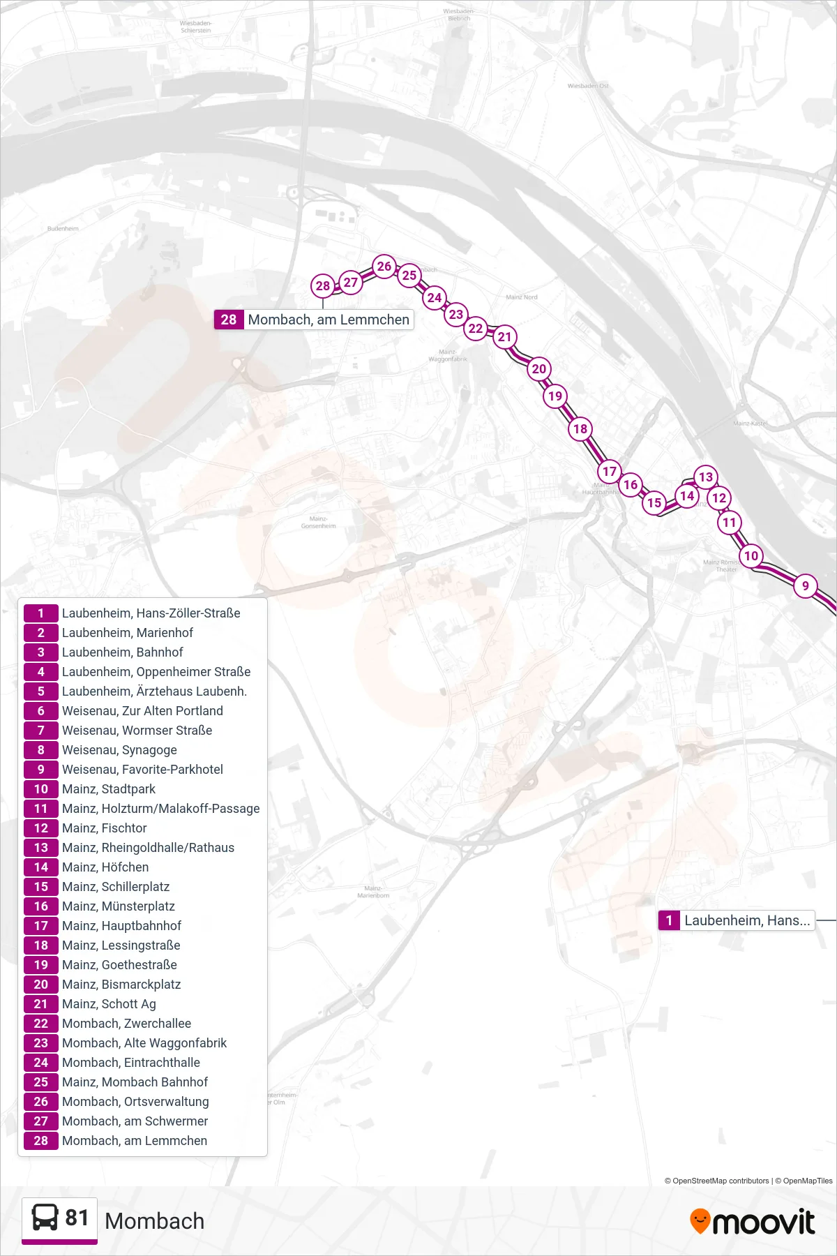 Linie 81 (Bus) Richtung Mombach: Route und Haltestellen auf der Karte