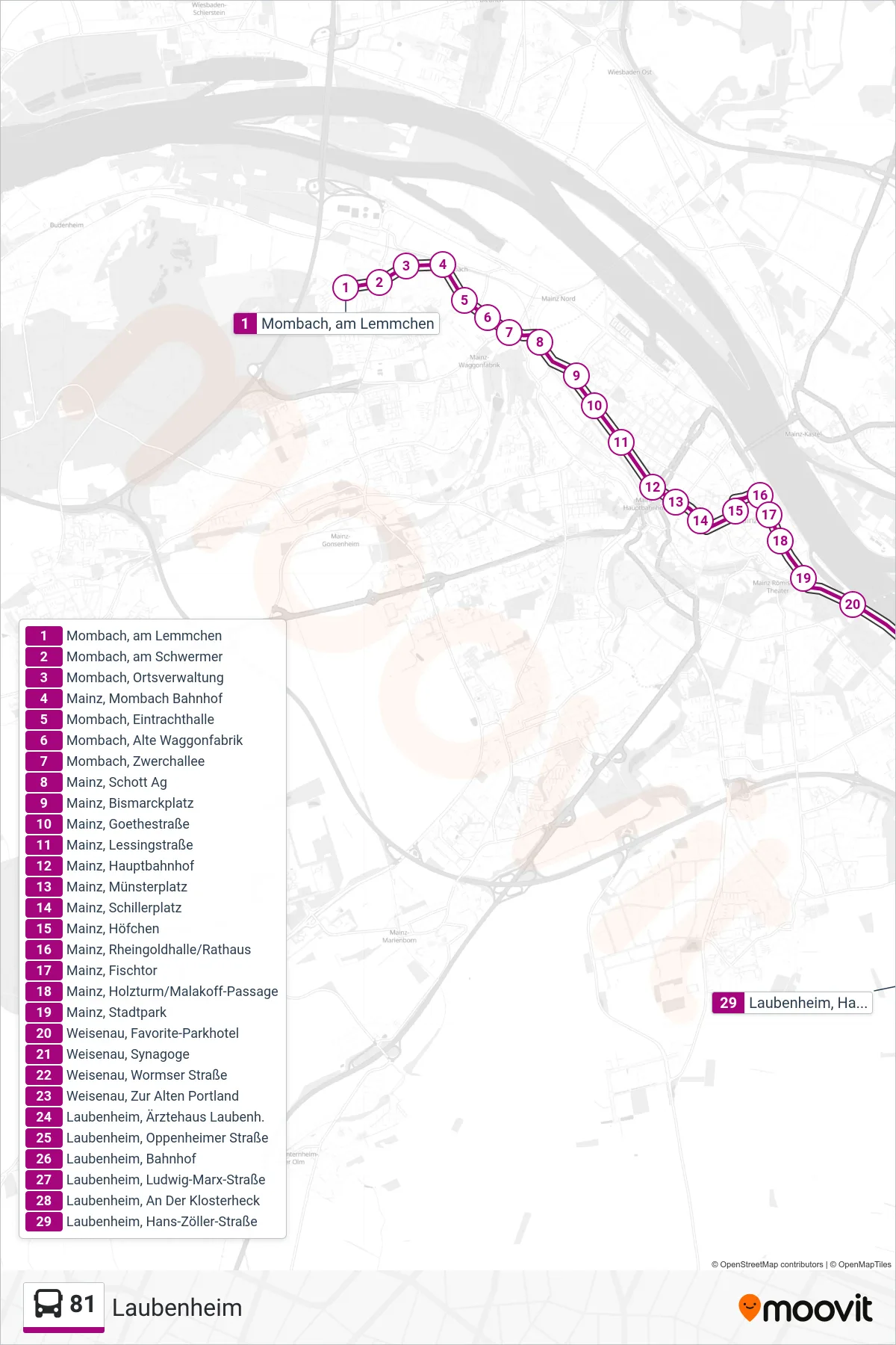 81 bus Line (Laubenheim) route and stops on a map