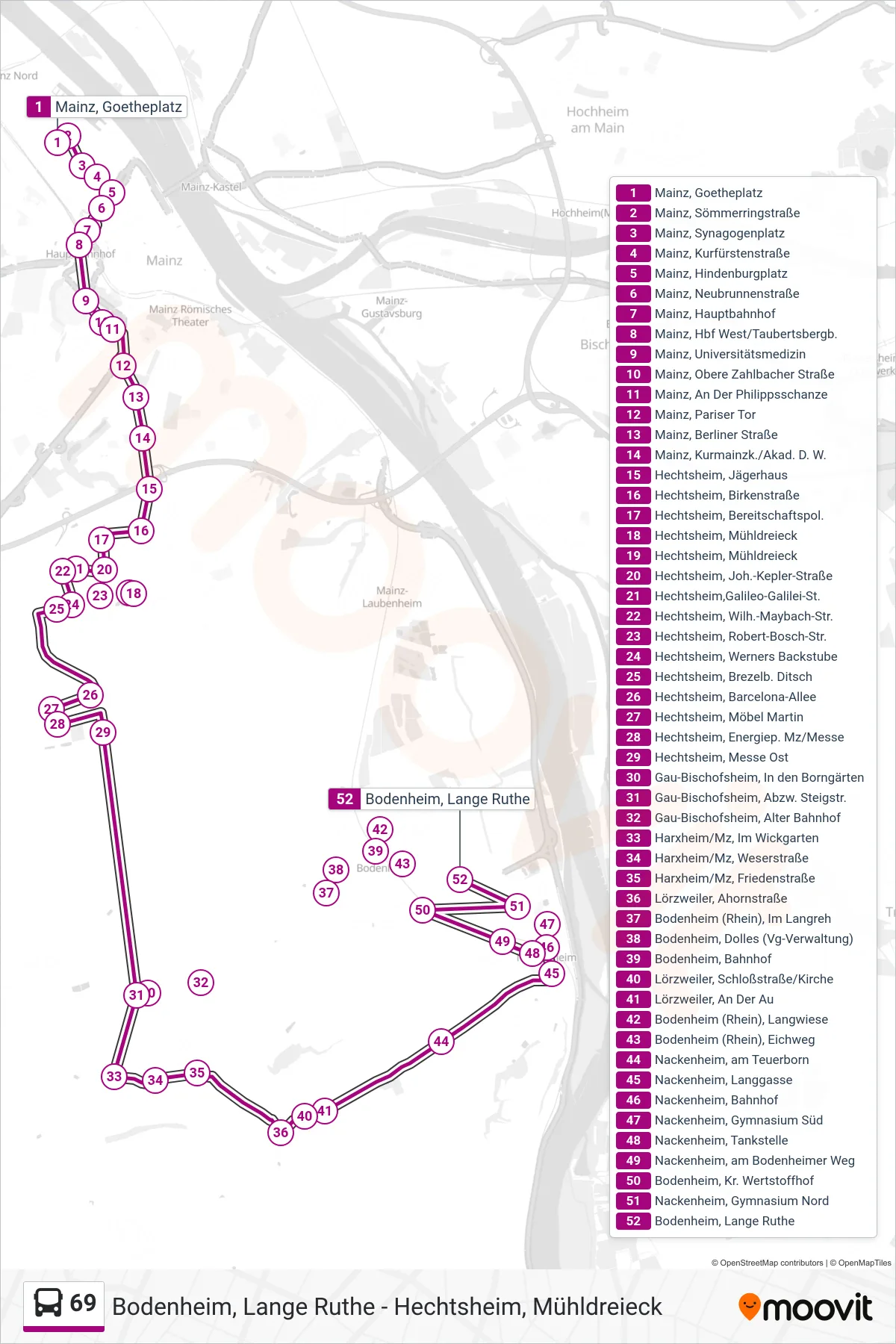 69 bus Line (Bodenheim, Lange Ruthe) route and stops on a map