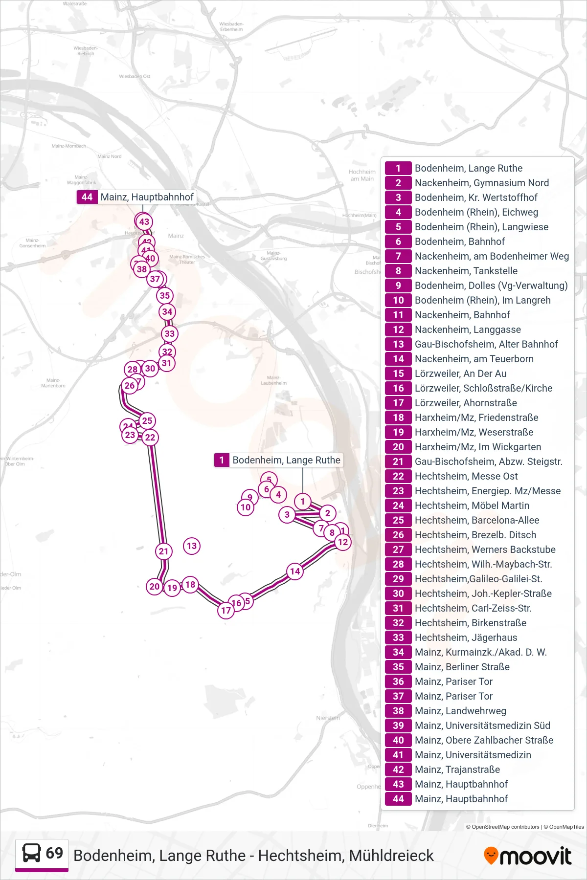 69 bus Line (Mainz, Hauptbahnhof) route and stops on a map